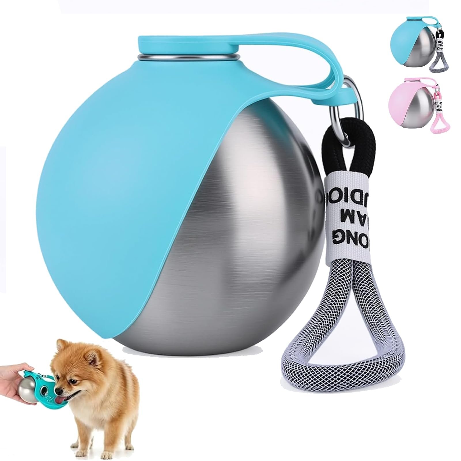 2 in 1 Portable Tumbler for Dogs, Portable Dog Water Ball, 10oz Stainless Steel Pet Water Dispenser with Silicone Foldable Bo