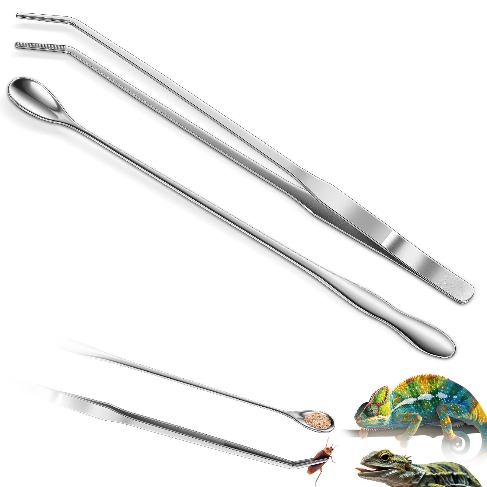 2PCS Long Tweezers, Tweezers for Aquarium, Aquarium Tweezer Set Straight & Curved with Rubber Tips, Stainless Steel Reptile F