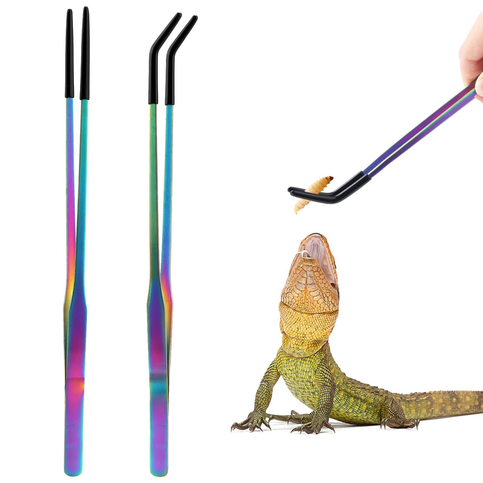 2Pcs Reptile Feeding Tongs, 10.6" Straight & Curved Tweezers, Stainless Steel Terrarium Tank Supplies for Bearded Dragons Liz