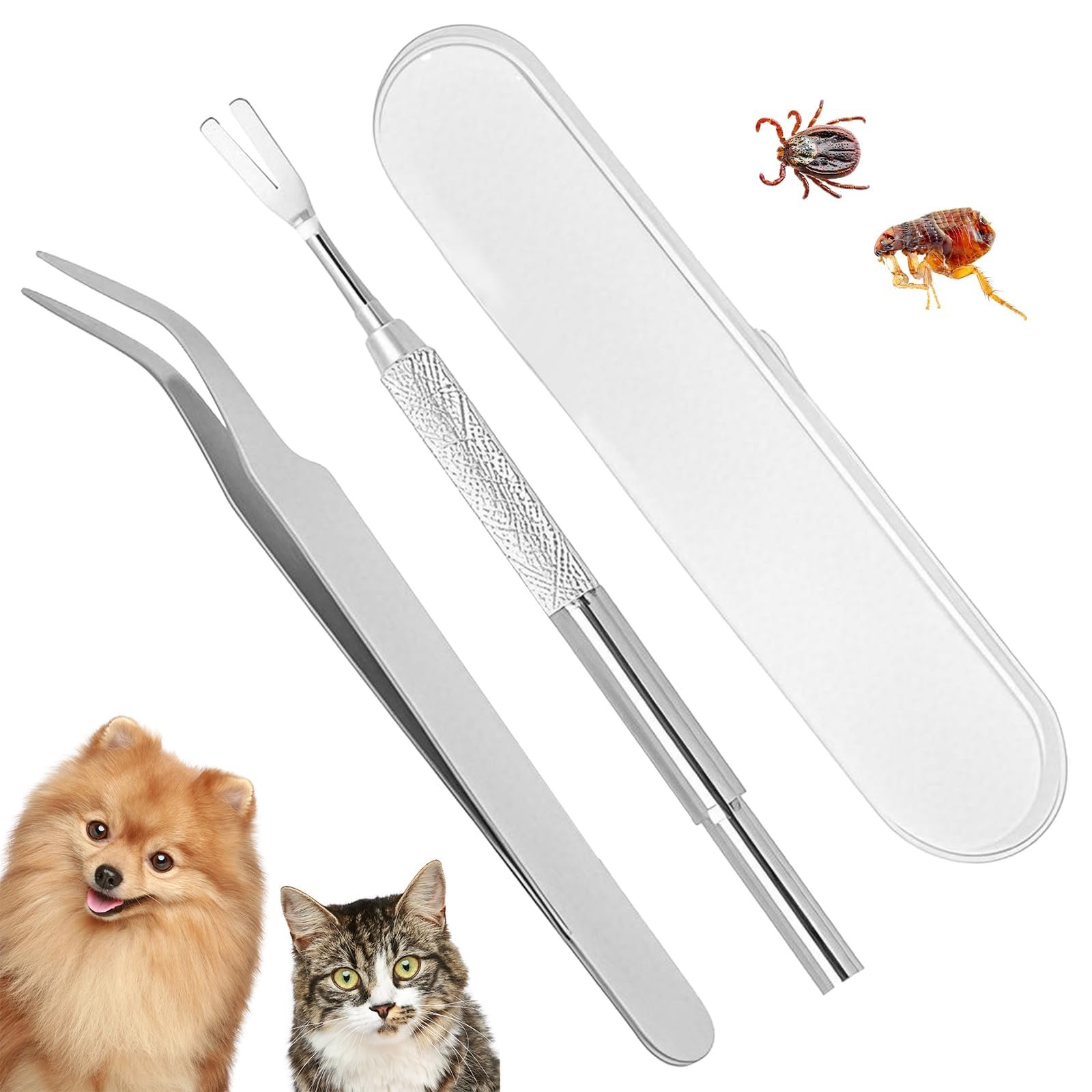 2Pcs Ticks and Fleas Remover for Dogs, Stainless Steel Tick Removal Tool Set with Storage Box, Safe and Effective Pet Groomin