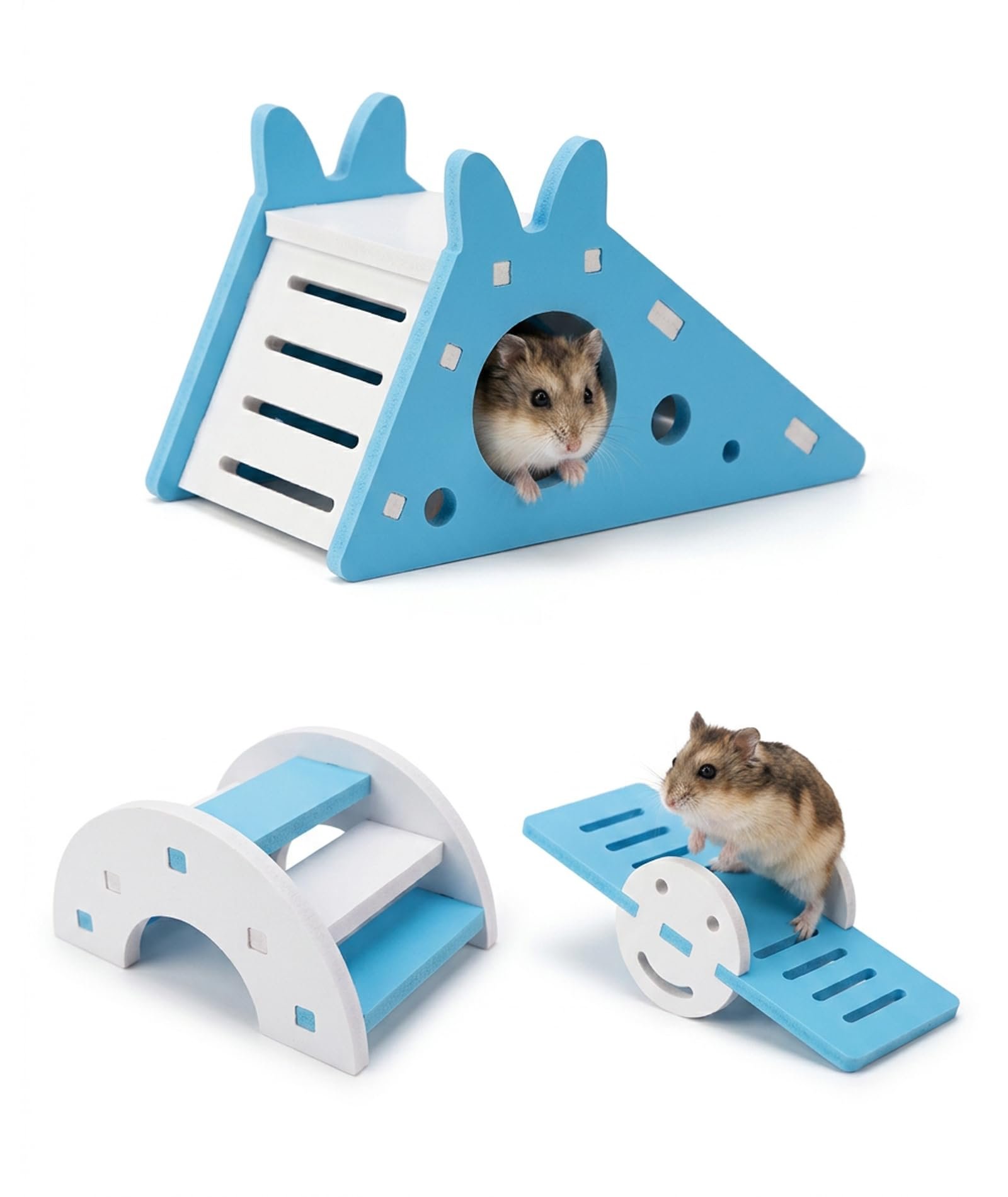 3 PCS Hamster Toys Set with Hamster House, Rainbow Bridge and Seesaw | Small Rodent Habitat Accessories, Interactive Play Ite