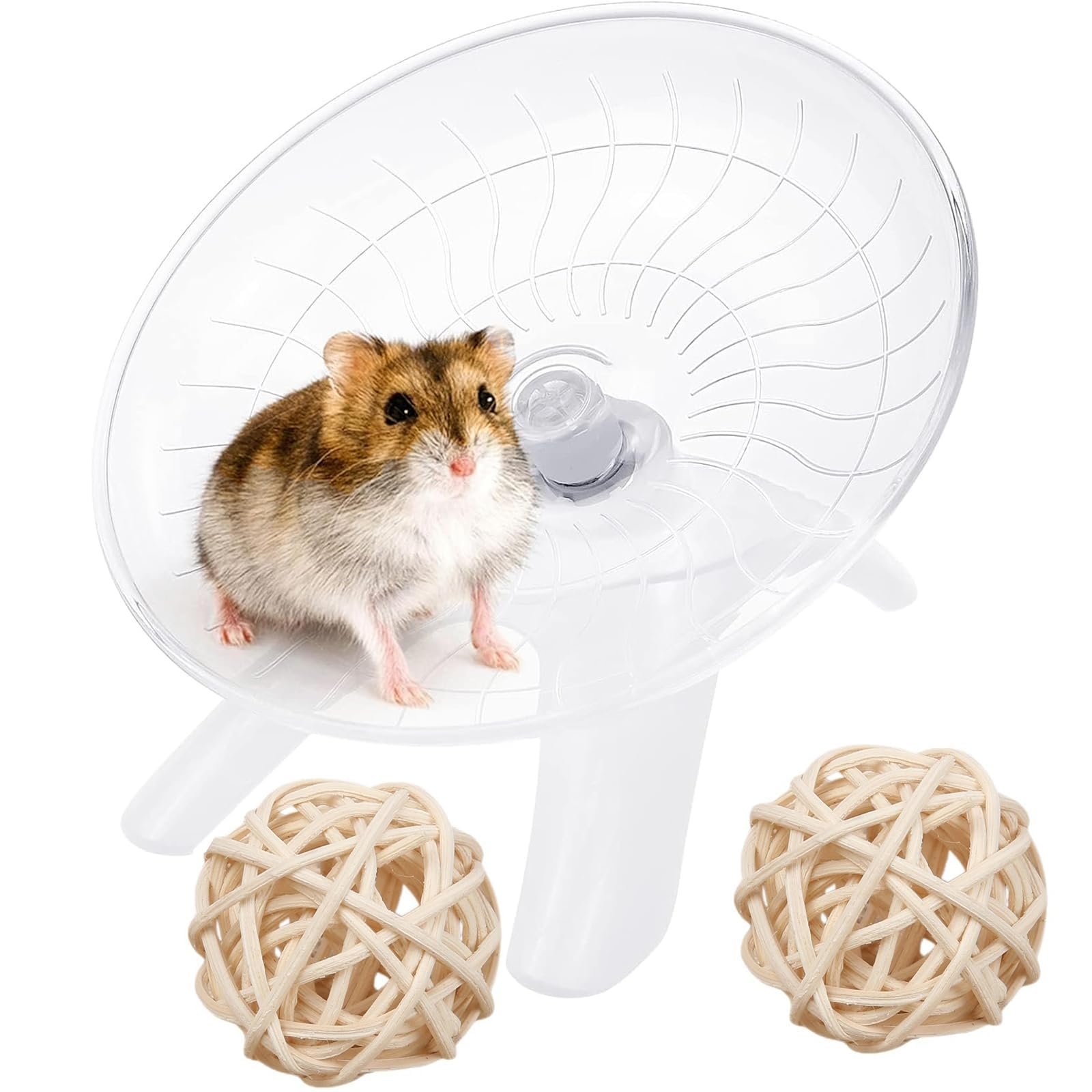 3Pcs Hamster Toys, Silent Hamster Wheel with 2 Rattan Balls, White Hamster House Accessories for Small Pets in Apartments and