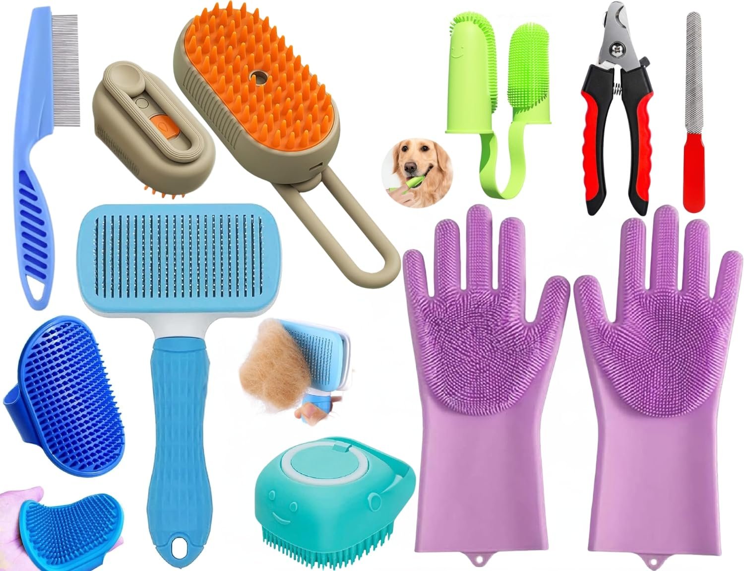 9 in 1 Grooming, Bathing & Nail Cutting Kit For Dogs & Cats - Includes Pet Comb Brush, 3 in 1 Pet Steam Brush, Cat Comb, Sili