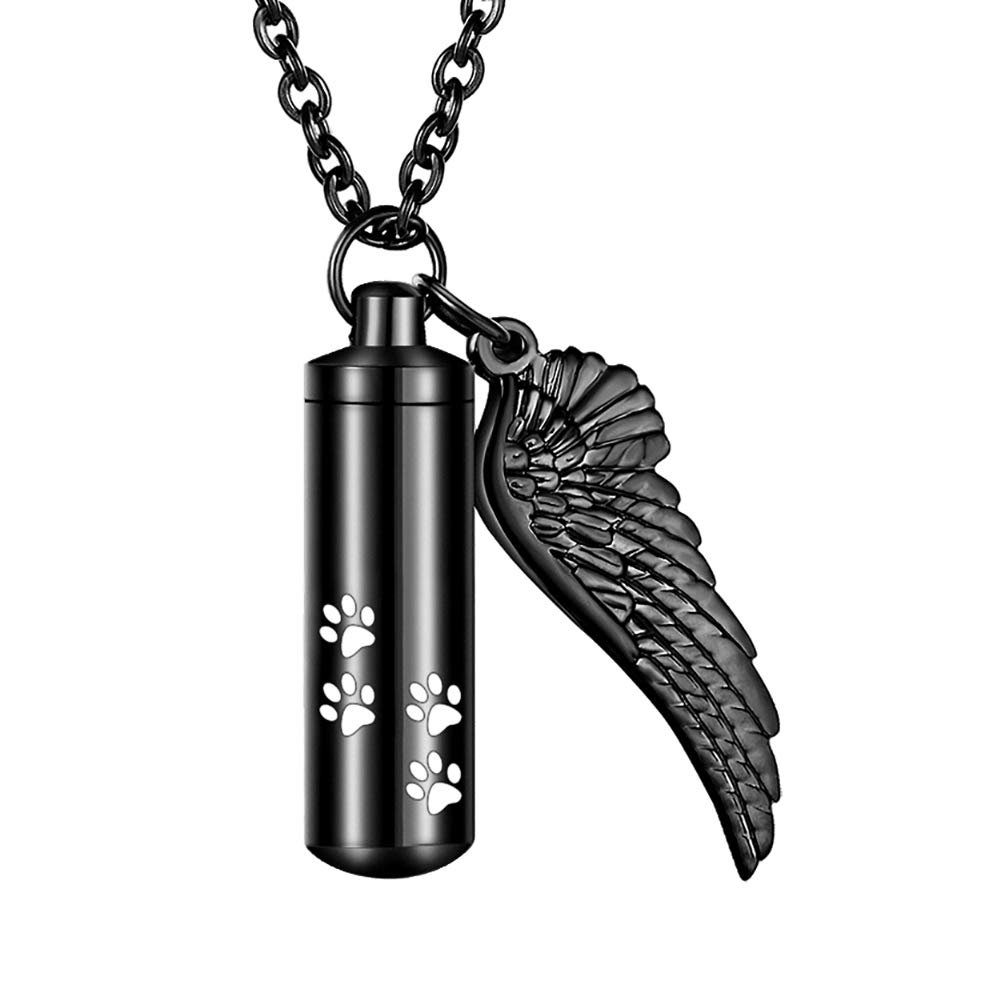 abooxiu Cylinder Cremation Necklace for Pet ashes Urn Necklace with Angel Wing Pet Paw Ashes Necklace for Dog/Cat Pet Memoria