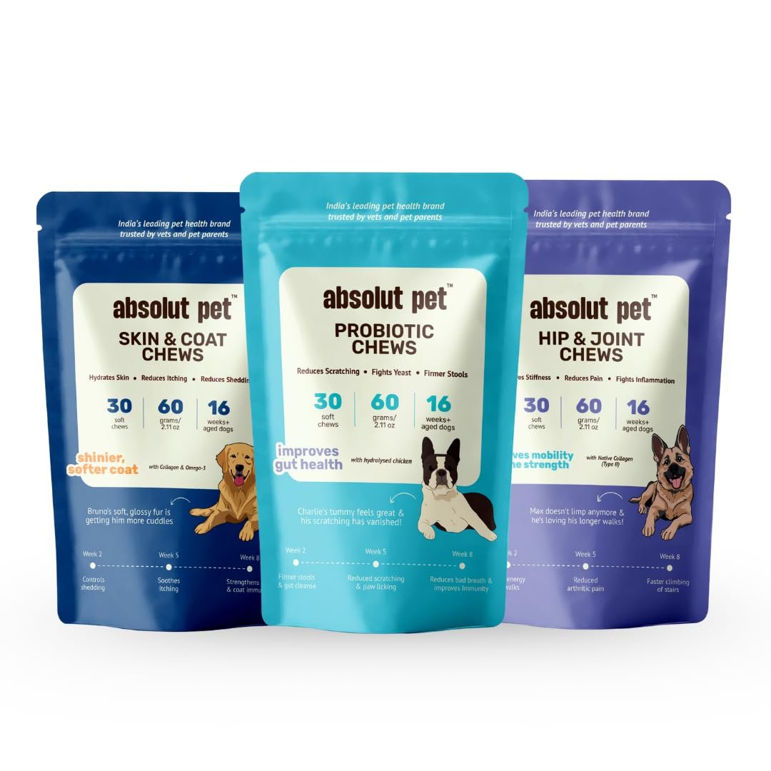 Absolut Pet Dog Chews Combo, Probiotic, Hip Joint, Skin Coat | 90 Chews | Complete care kit: probiotic for gut health, hip &