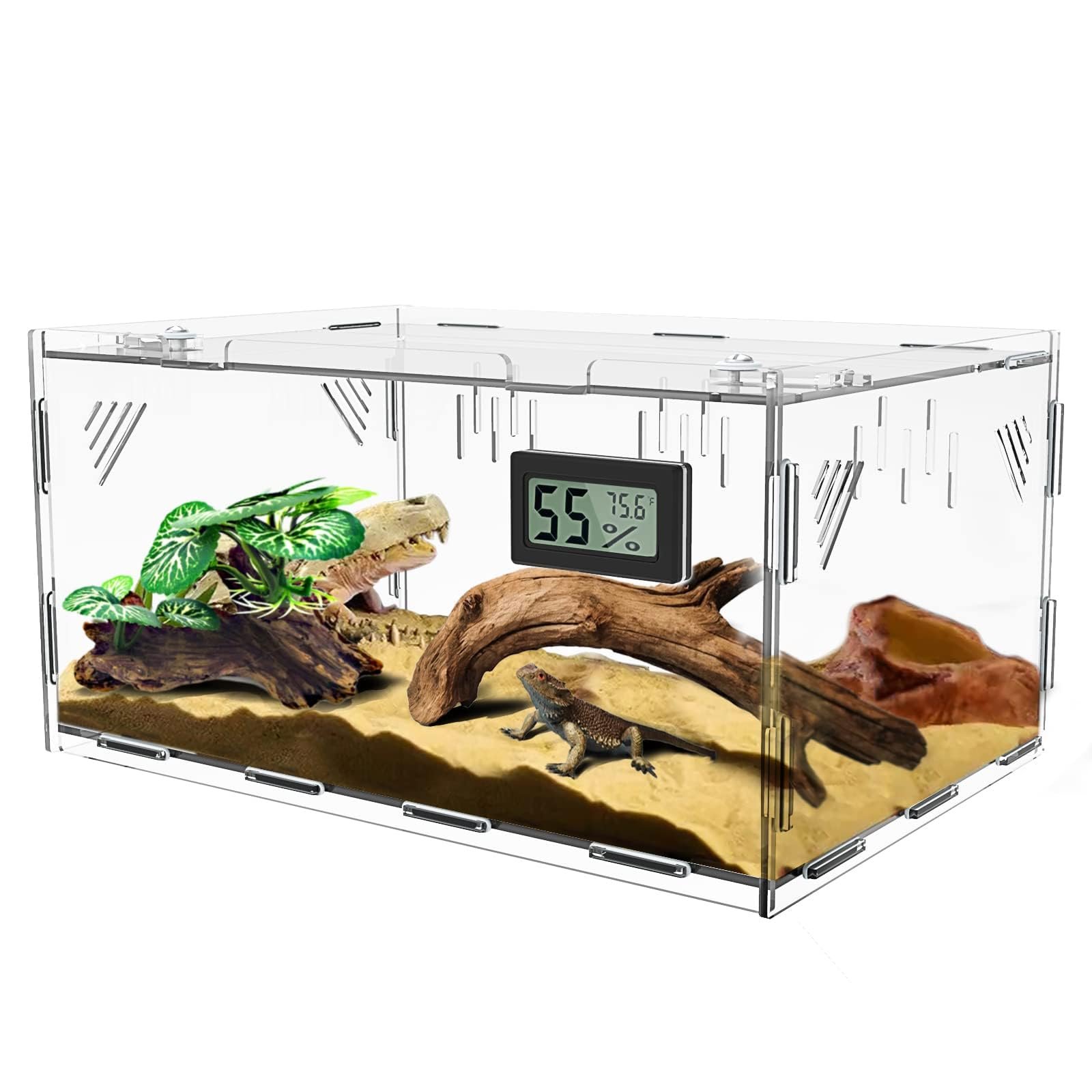 Acrylic Reptile Terrariums Tank with Temperature Hygrometer, 11.8"x7.9"x5.9" Transparent Reptile Breeding Box Terrarium Cage