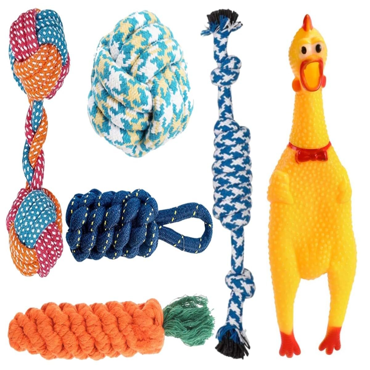 Agirav Dog Toy Set - Tail, Chew, Puppy Teething, Rope, Squeaky Toys for Small to Medium Dogs (Pack of 6)