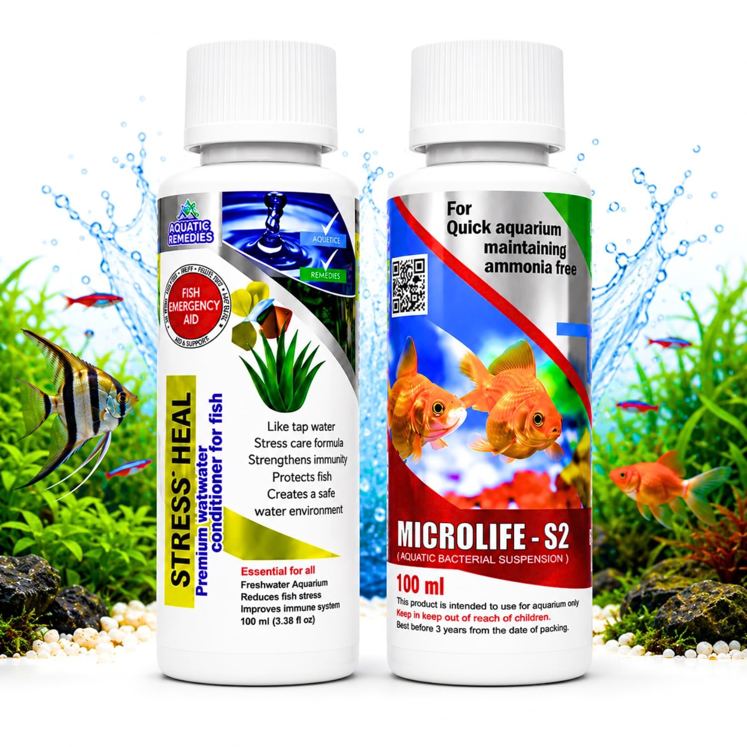 Aquatic Remedies (Pack of 2) Stress Heal-100ml & MIcrolife S2-100ml Aquarium Water Condiitoner