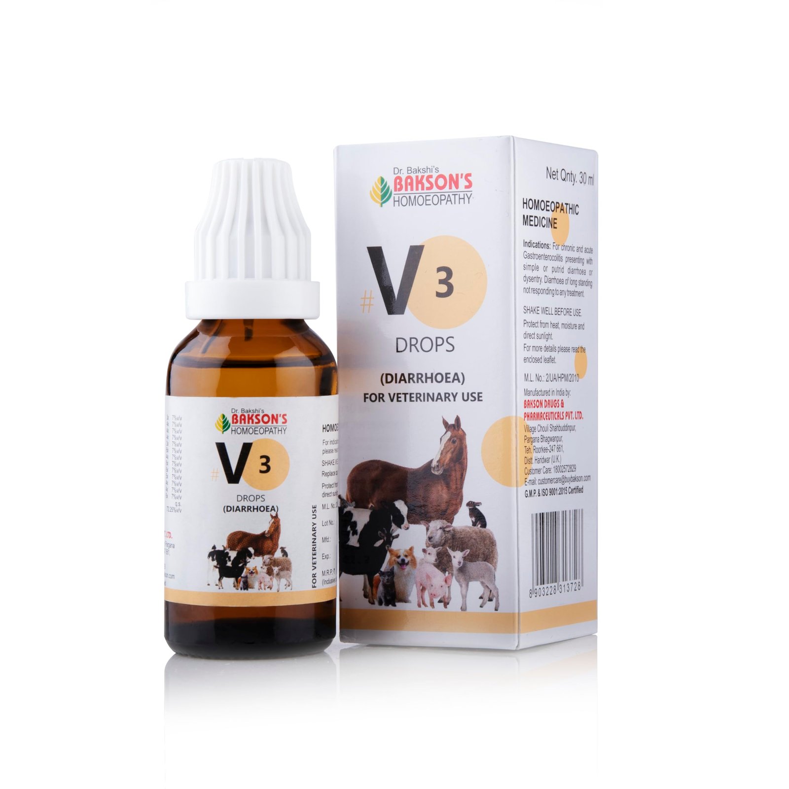 Bakson Veterinary V-3 Diarrhoea Drops for Pets – 30ML | Natural Dog Diarrhea Medicine & Cat Diarrhea Treatment | Supports Gut
