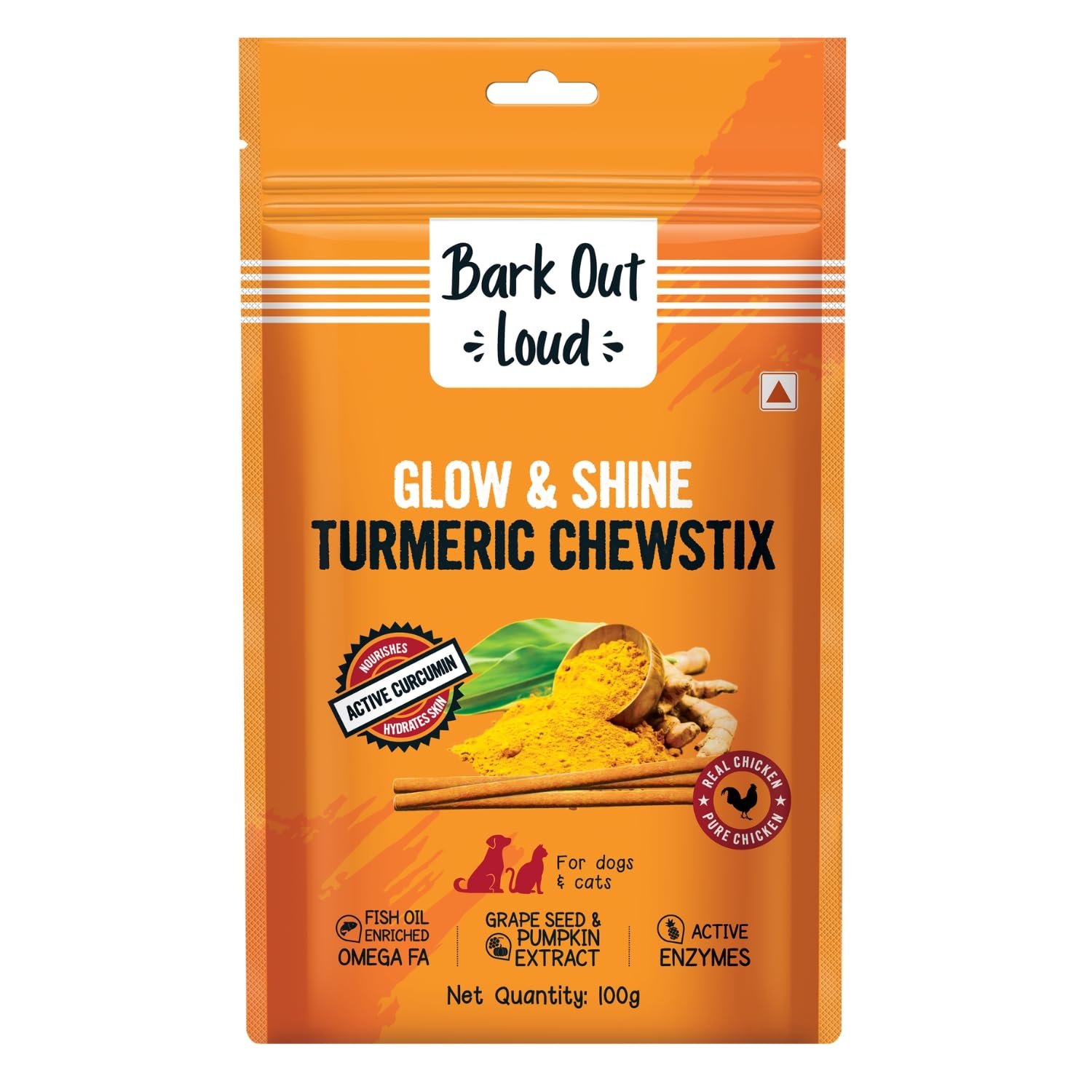 Bark out Loud by Vivaldis Glow & Shine Turmeric Chewstix - Fresh Chicken Stick Cat & Dog Treats with Pumpkin & Grape Seed Ext