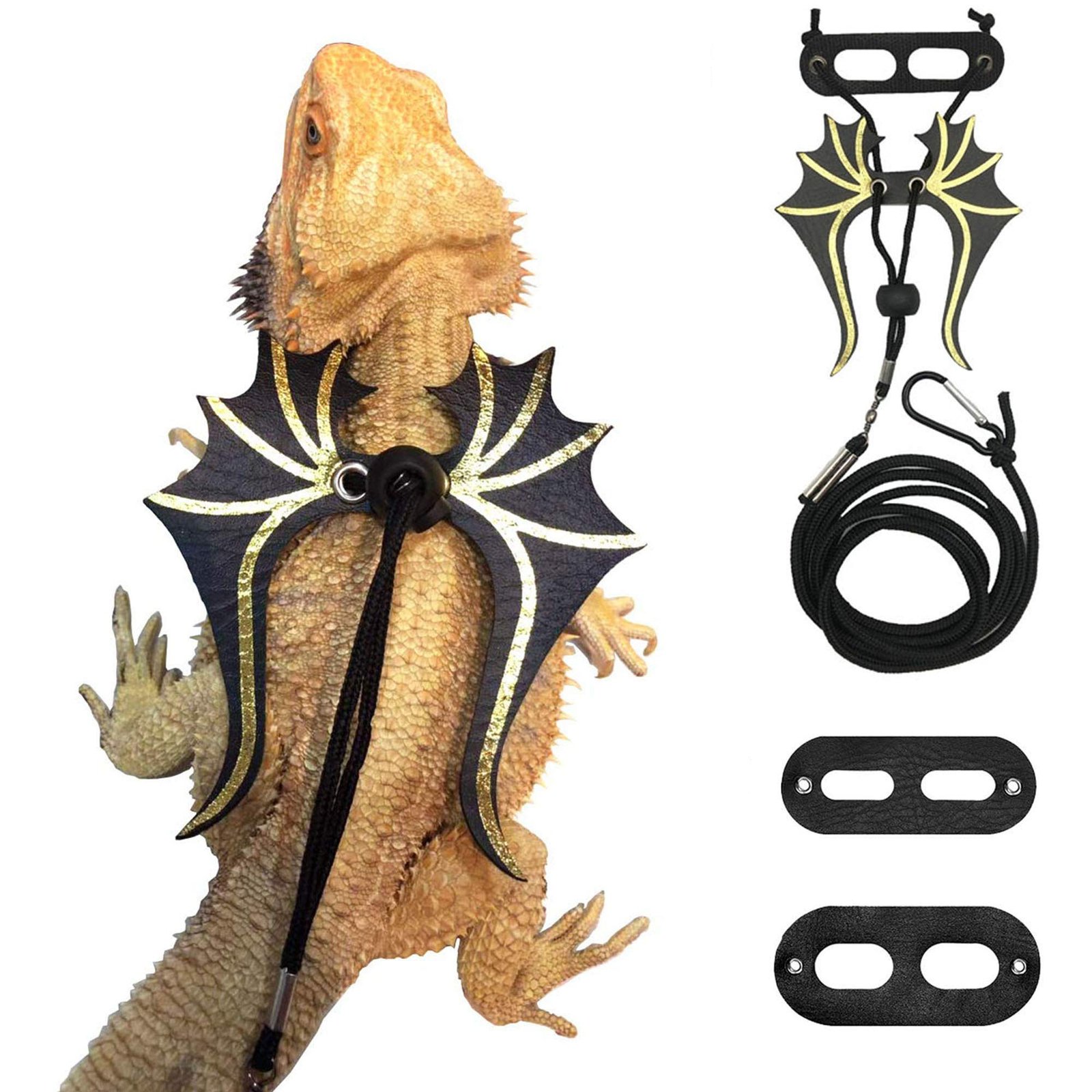 Bearded Dragon Leash Harness Set, 3 Size Dinosaur Wing Adjustable Lizard Leash for Reptiles Small Animals