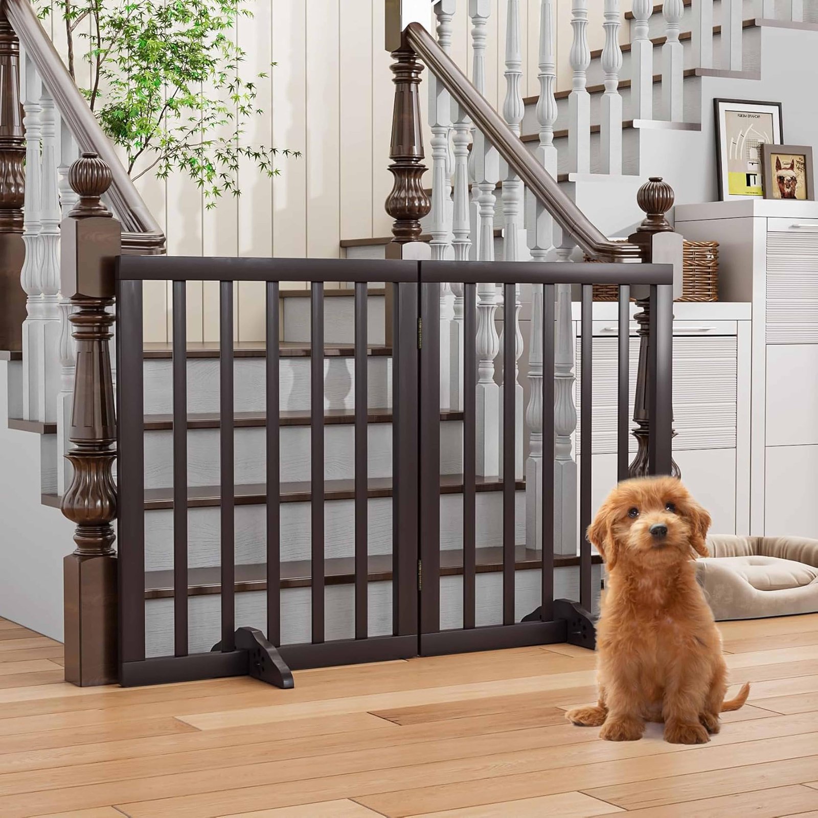 Belief Wood | Freestanding Dog Gate – Foldable Wooden Pet Safety Gate for Dogs & Kids | Indoor Barrier with Support Feet | 24
