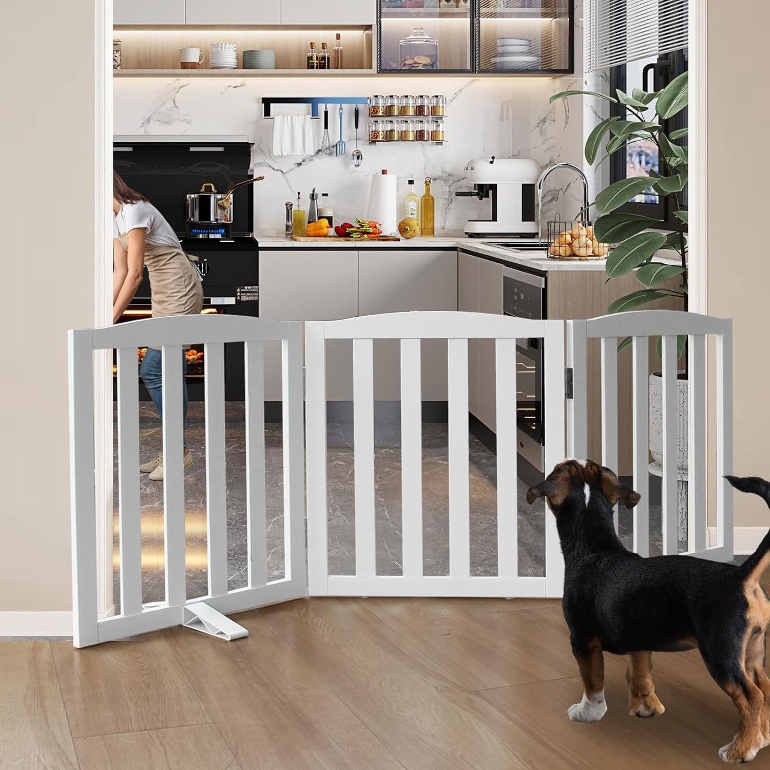 Belief Wood Freestanding Pet Gate, Folding Safety Fence Wooden Kids & Dog Gate with 2PCS Support Feet Ideal for Stairs, Doorw