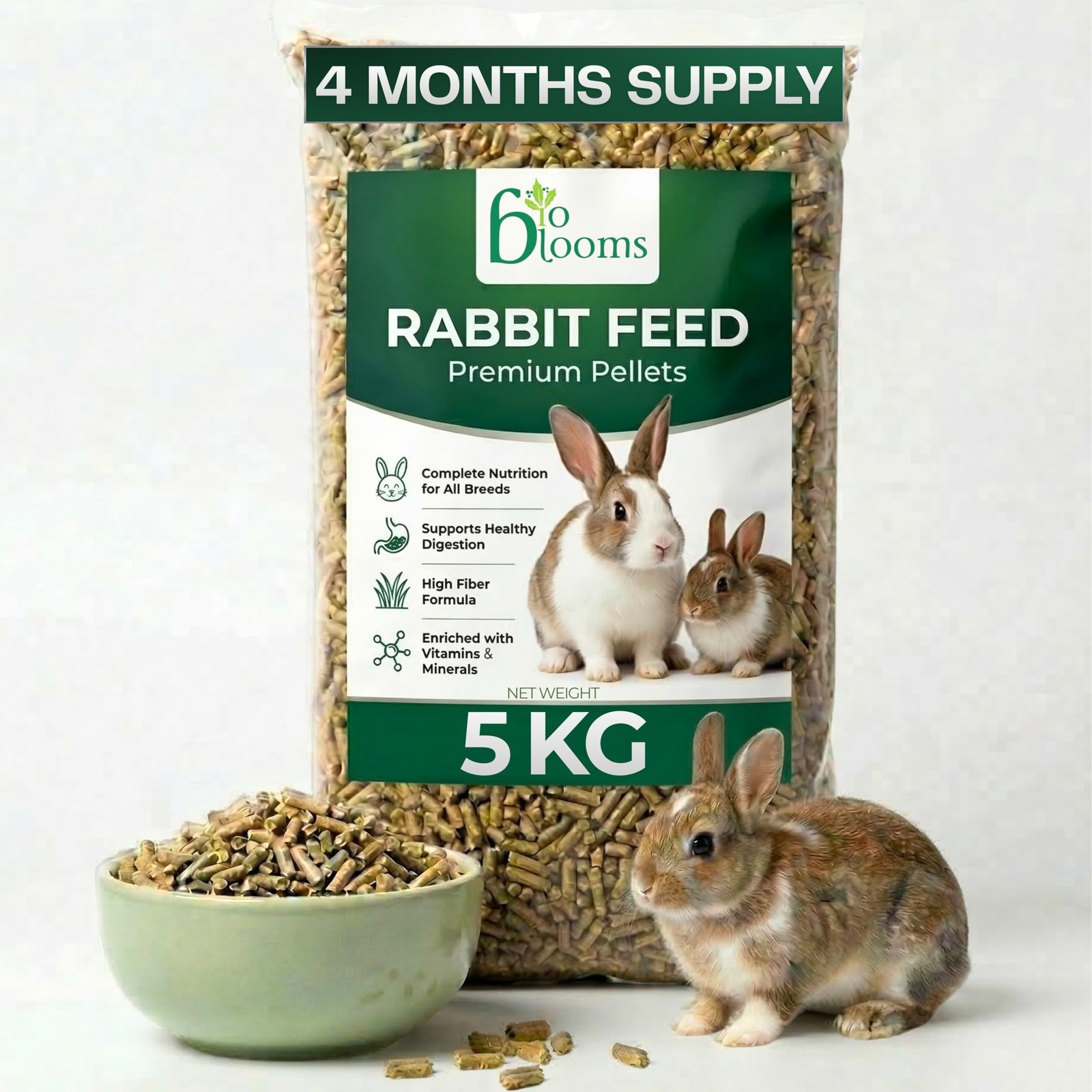 BIO Blooms Rabbit Food, 5kg | High Fiber-Boosts Digestion, Immunity & Energy | Balanced Nutrition for Small & Adult Bunnies |