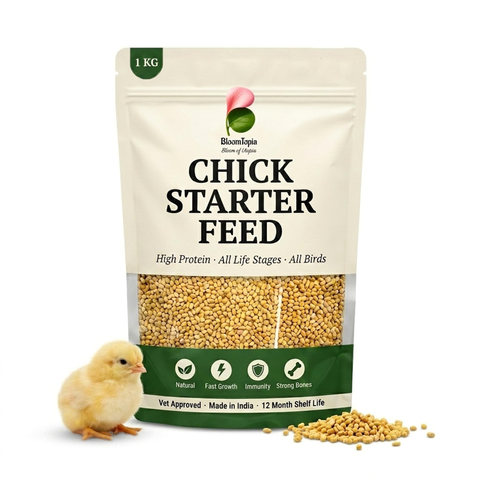 BloomTopia Chick Starter Feed 1kg | High Protein Hen Food | Murgi Dana | Poultry Bird Food | All Life Stages | Desi Chicken F
