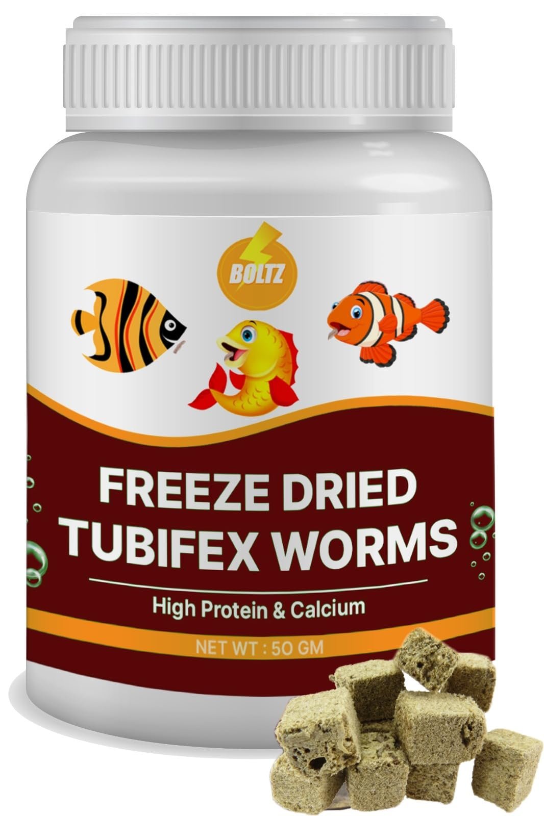 Boltz Freeze Dried Tubifex Worms Fish Food 50Gm for Bettas, Tetras, Arowana, Flowerhorn, Oscar Fish of All Life Stages (50gm(
