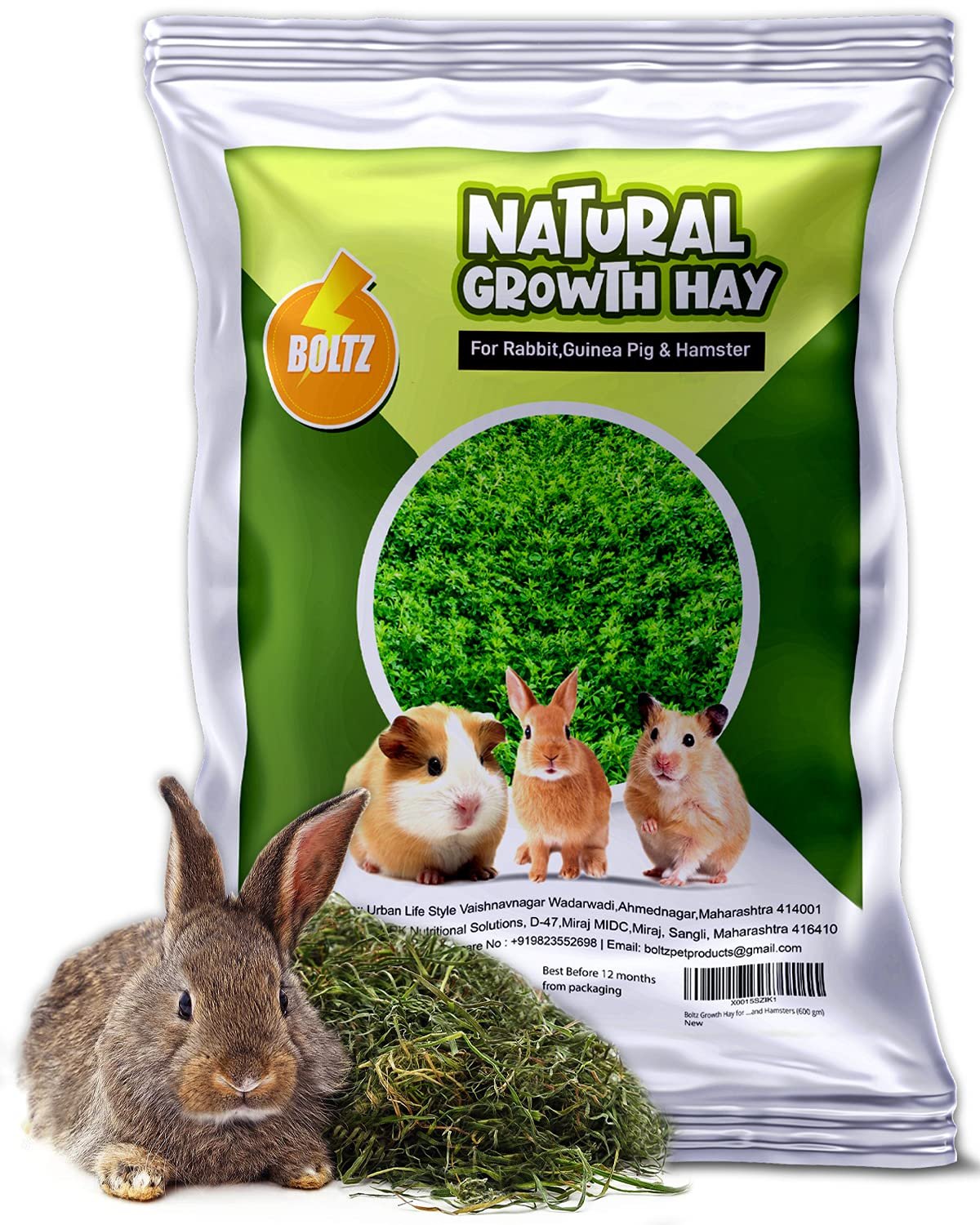 BOLTZ Growth Hay 600 gm for Rabbits, Guinea Pigs and Hamsters and Other Small Animals, Medium Size Hay for Daily Feeding, (60