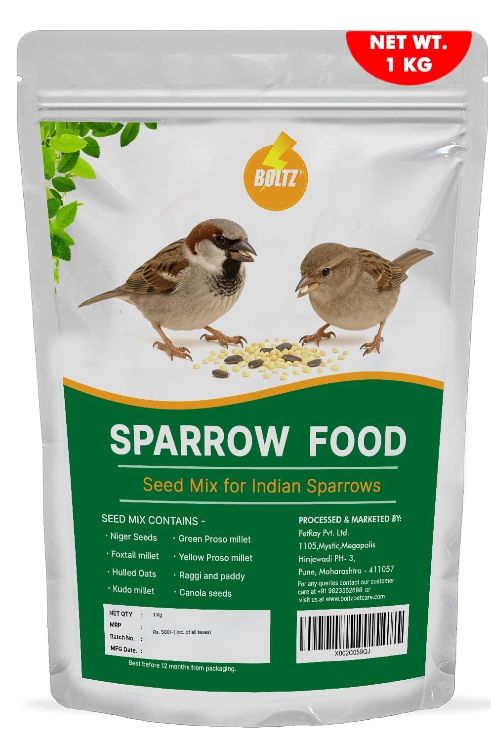 Boltz Premium Sparrow Food 1 Kg, Natural Mix of Seeds & Grains, Daily Nutrition for House Sparrows & Wild Birds, Rich in Prot