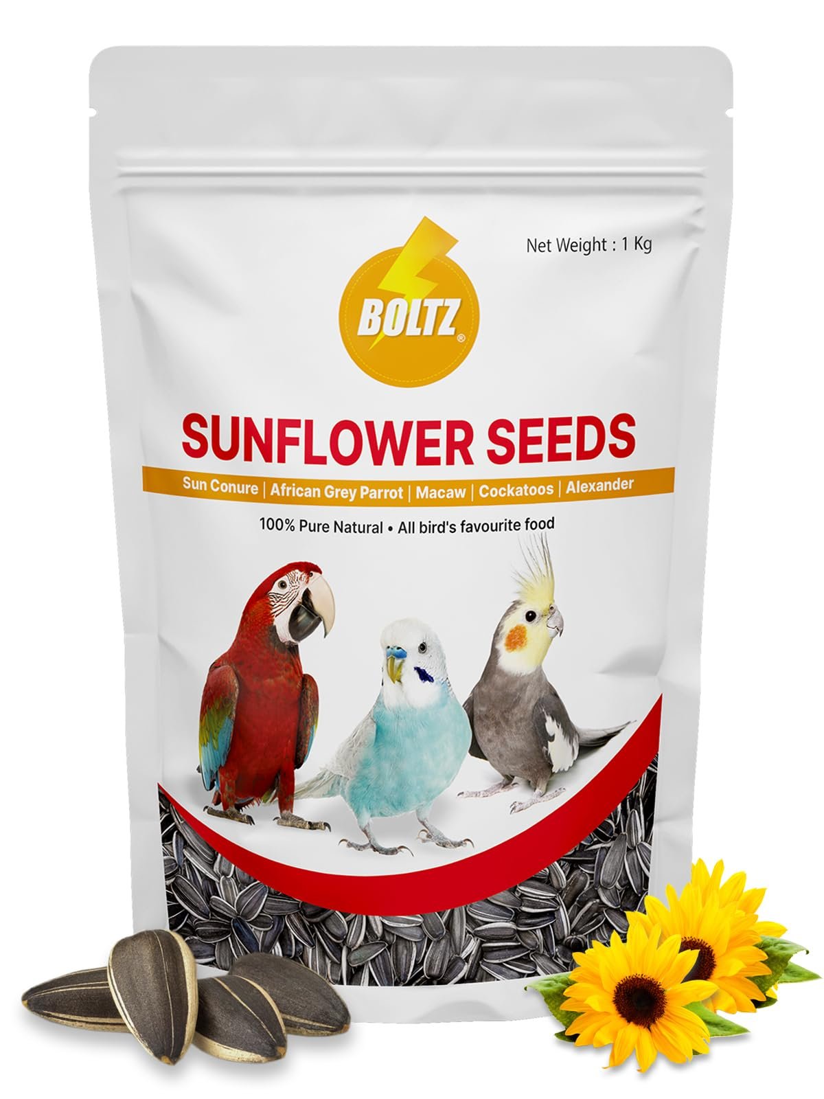 BOLTZ Striped Premium Sunflower Seeds for Birds, Bird Food for Lovebirds, Cockatiels, Sun Conure, African Grey Parrot, Amazon