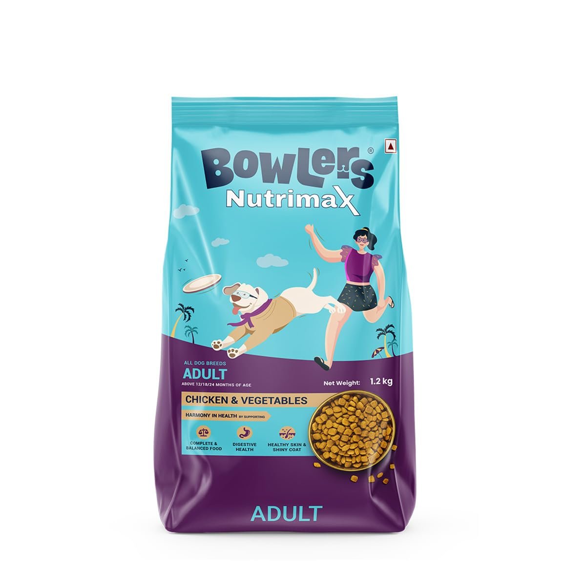 Bowlers Nutrimax Adult Dry Dog Food | Chicken & Vegetables | 1.2 kg Protein | Smooth Digestion & Healthy Coat | Complete & Ba