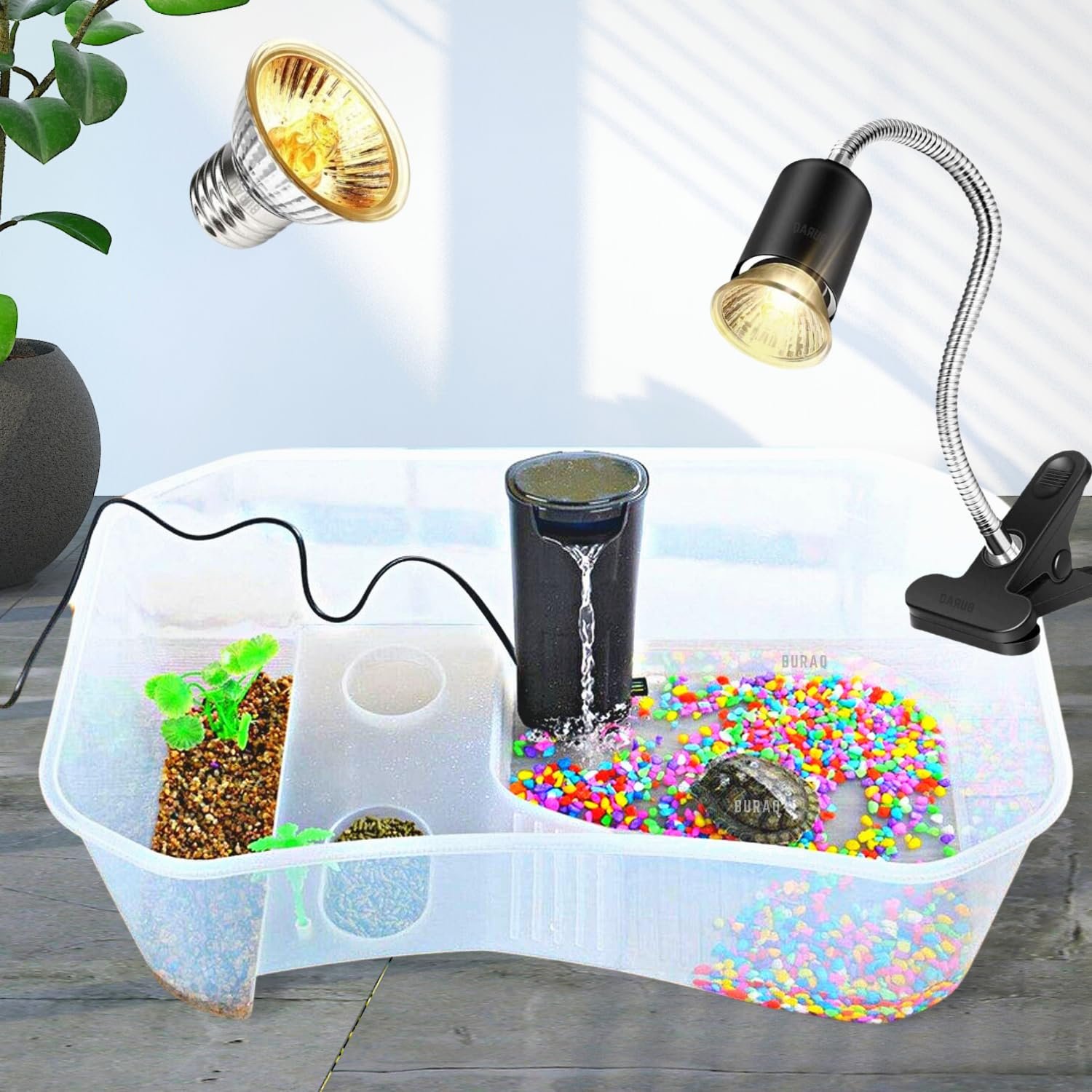 Buraq 2 FT Turtle Terrarium Tank with E27 Flexible Holder + 1 Pcs x 25W Bulb UVB UVA Ultraviolet Terrarium Heat Lamp | for Tu