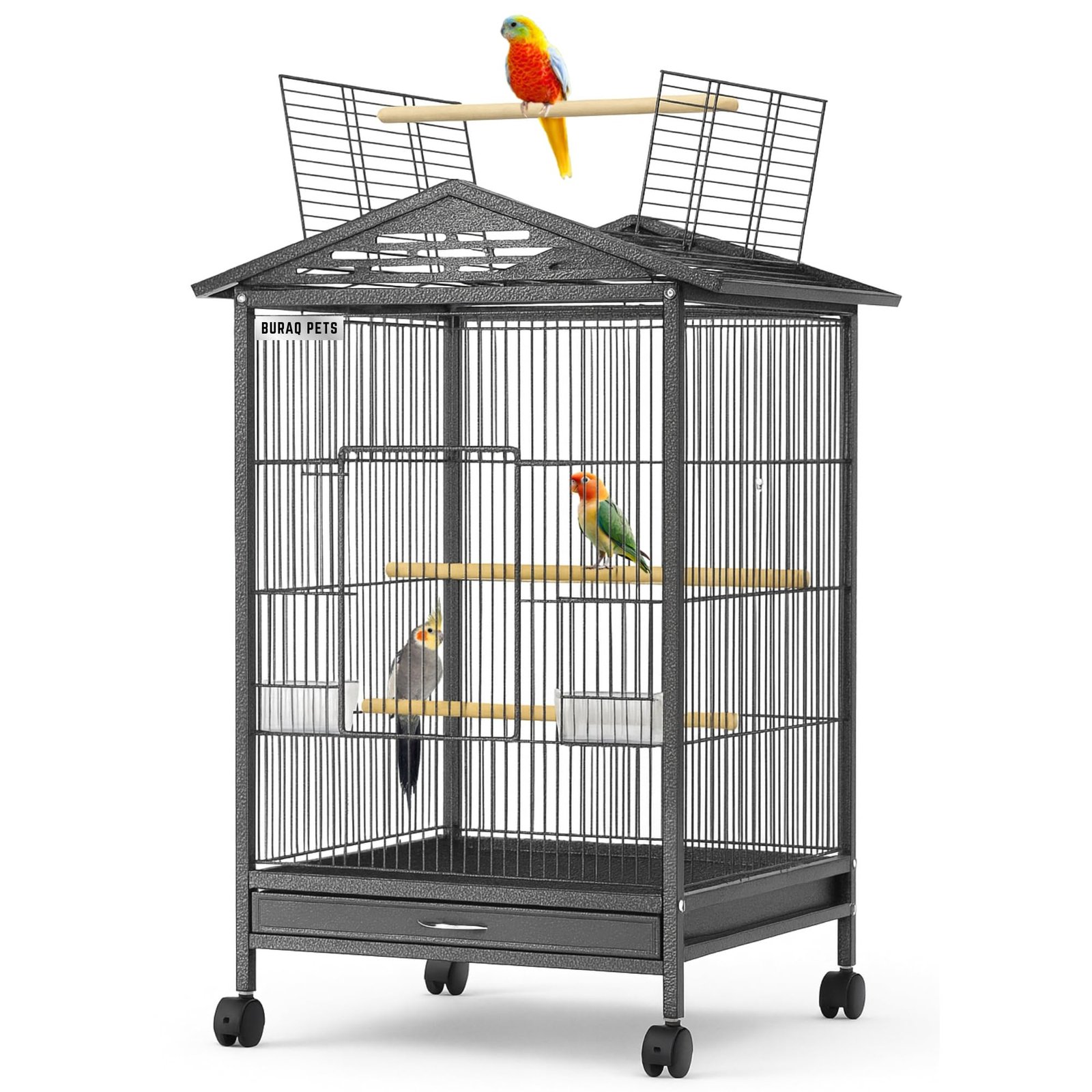 BURAQ 30-Inch Bird Cage with Rolling Stand for Parakeets, Cockatiels, Lovebirds, Parrots – Open Top, Slide-Out Tray, 360° Whe