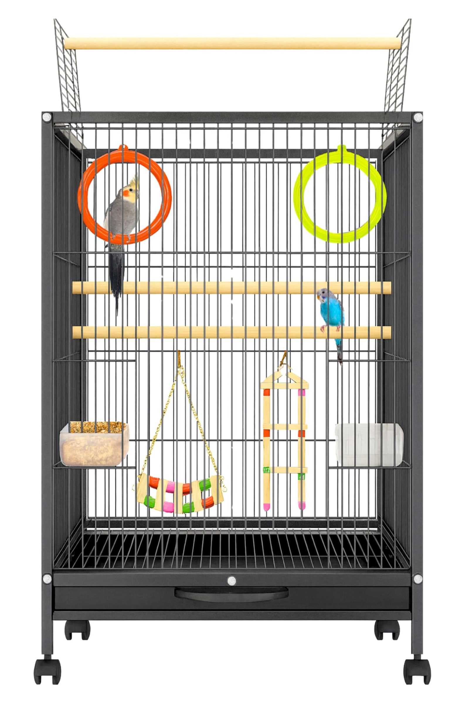 BURAQ 30-Inch Large Bird Cage with 3 Pcs Toys for Parrots, Budgies & Cockatiels – Spacious Metal Cage with 2 Feeding Bowls, W