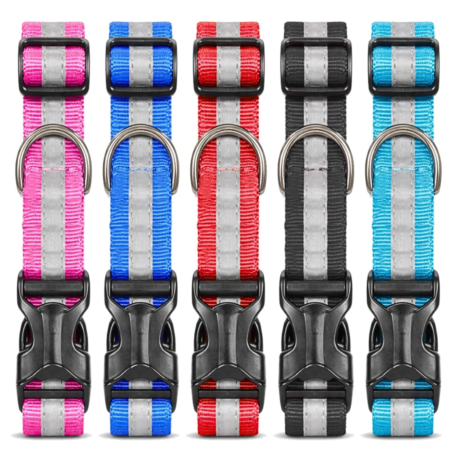 Buraq Pets 5 pcs Reflective Dog Collar Adjustable Nylon Metal D Ring