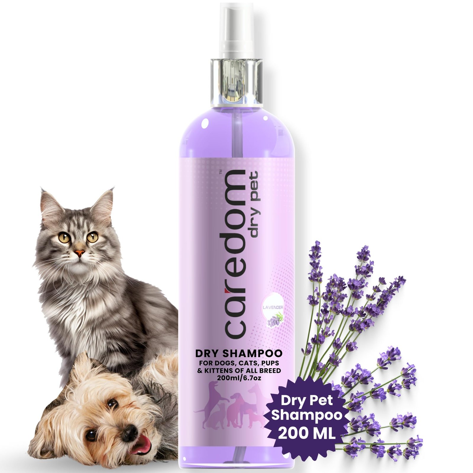 Caredom Dry Shampoo for Dogs & Cats | Waterless Dog Shampoo Spray with Lavender | Dry Bath for Cats | Fresh & Clean for Pets