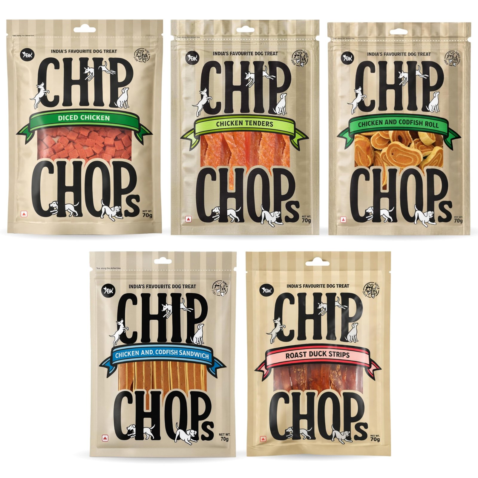 Chip Chop Dog Treat Combo of 5 - (70g Each, Mix Flavour) | Tender, Roast Duck, Codfish Sandwich, Chicken & Cod Roll, Diced Ch