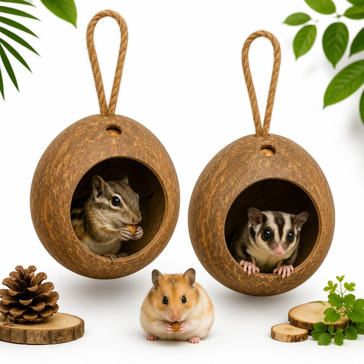 Coconut Shell Hanging Nest House for Hamster, Squirrel & Sugar Glider Pack of 2