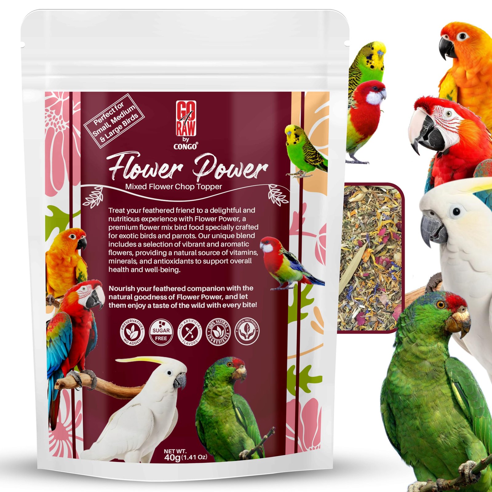 CONGO - NATURAL PARROT TREAT dry leaf Flower Power 20 Flower Mix Treat Food for All Life Stages Budgies, Finches, Cockatiels,