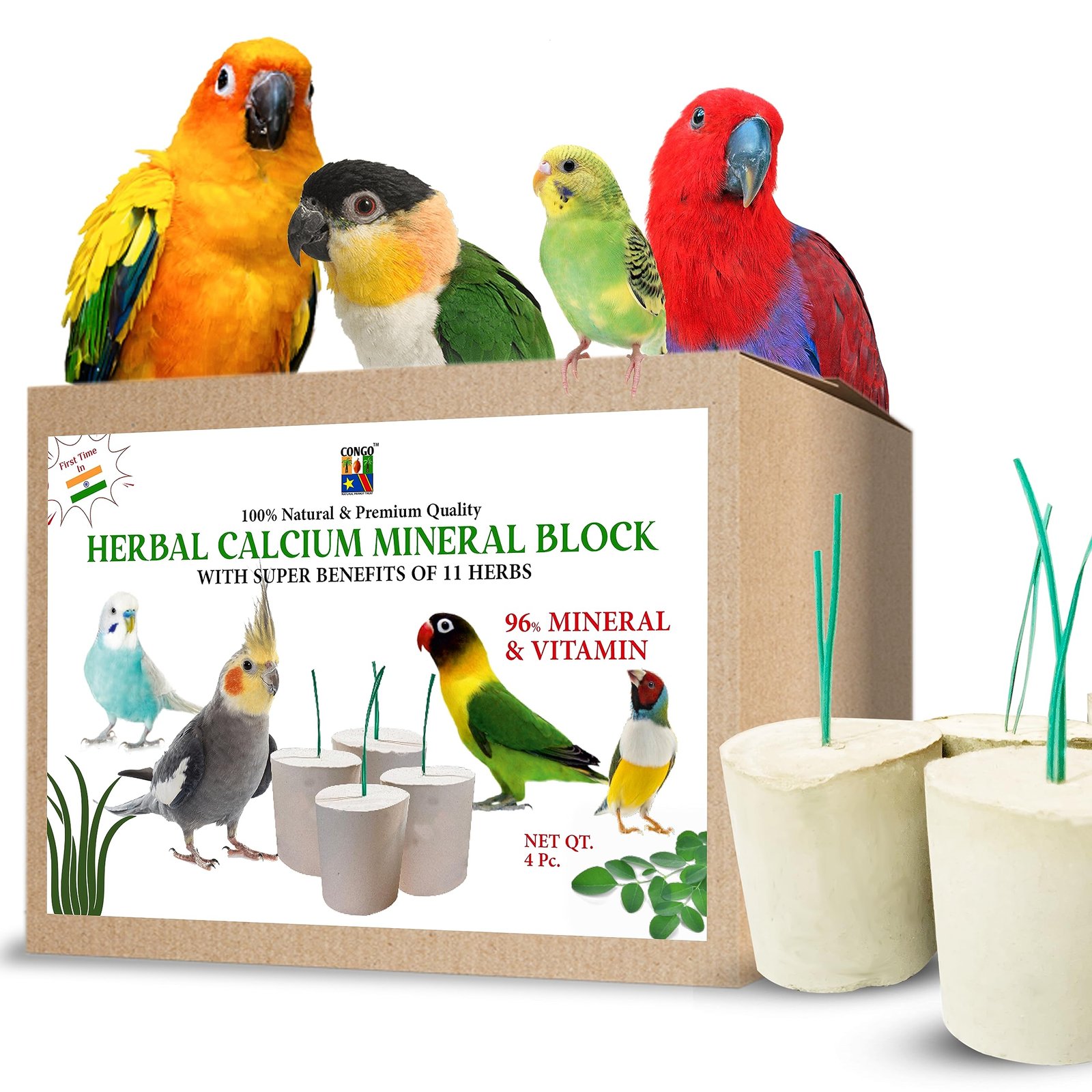 CONGO Natural Parrot Treat Herbal Calcium Mineral Block with 11 Herbs (Moringa & Spirulina) | 96% Minerals & Vitamins | Beak,