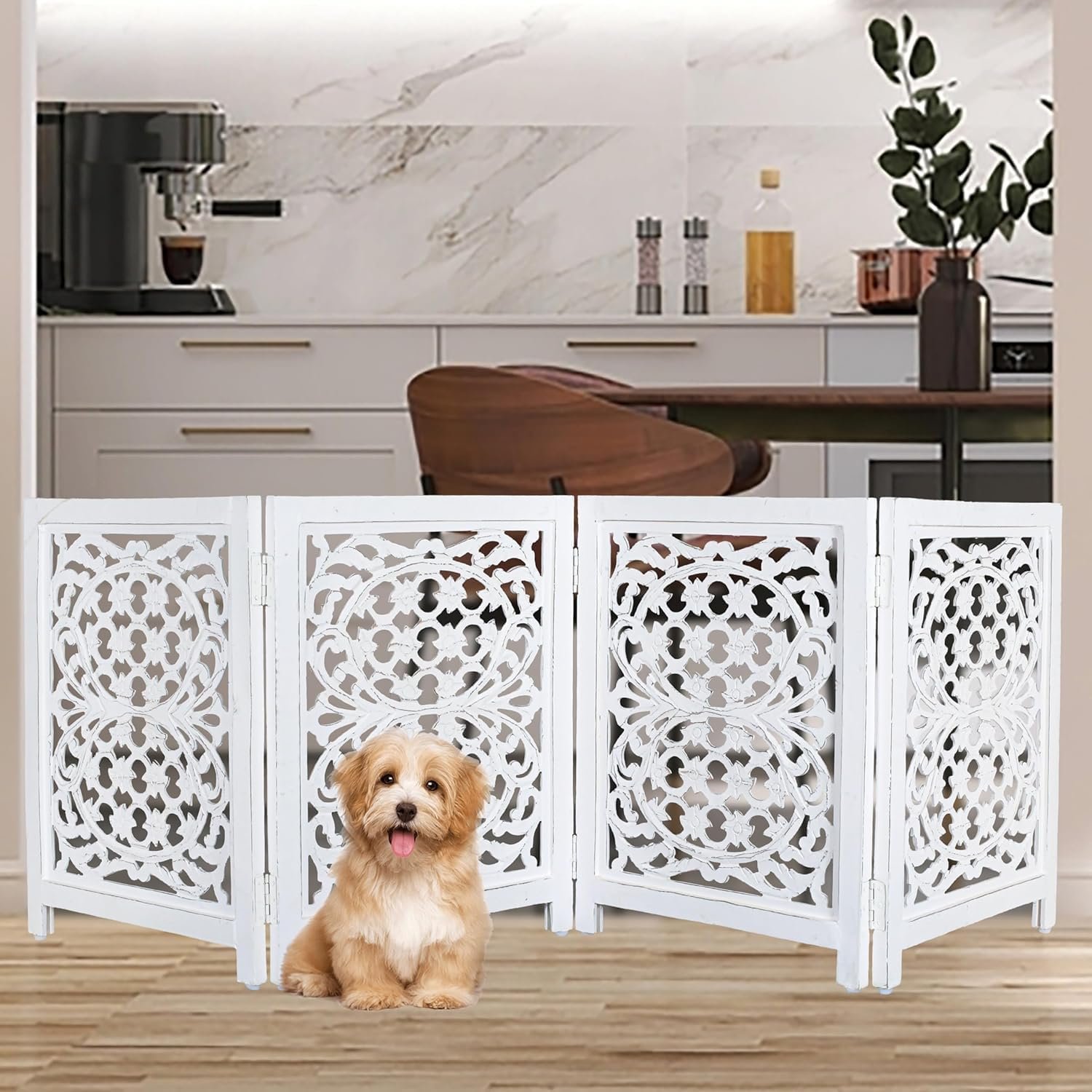 Decorquest Foldable Wooden Dog Gate with 4 Panels | Freestanding Pet Safety Barrier for Dogs & Puppies | Indoor Fence for Doo