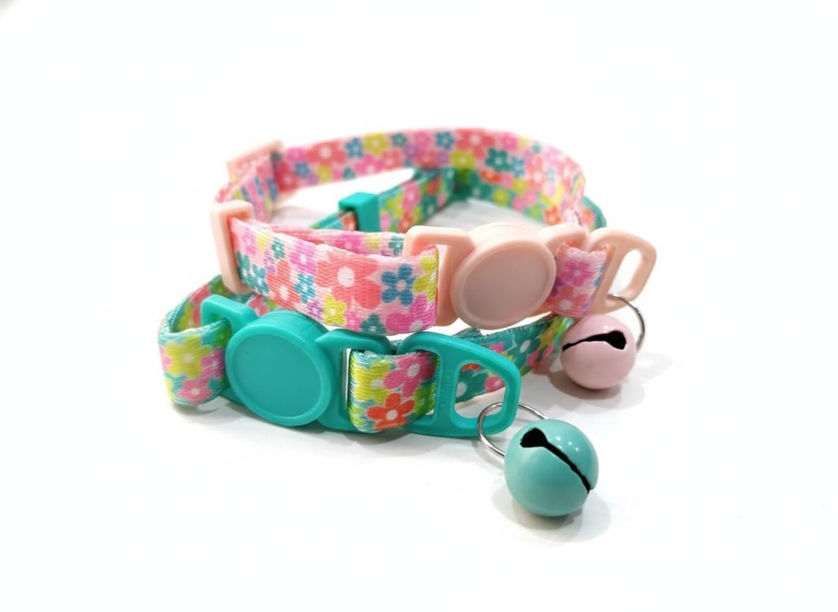 DOG TRUST Adjustable Cat Collar Set with Bell, Floral Design Cute Collar for Kittens, Cat, Small Pets – (Pack of 2)