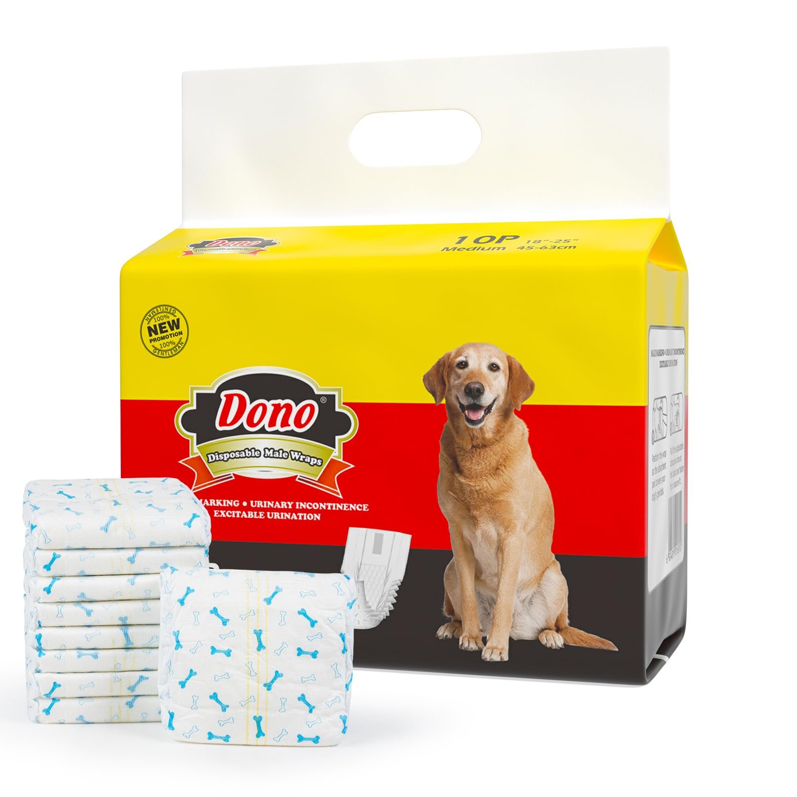 Dono Disposable Dog Diapers Male Dog Wraps Super Absorbent Soft Diapers for Male Dogs,with Wetness Indicator,10pcs,M (18"-25"