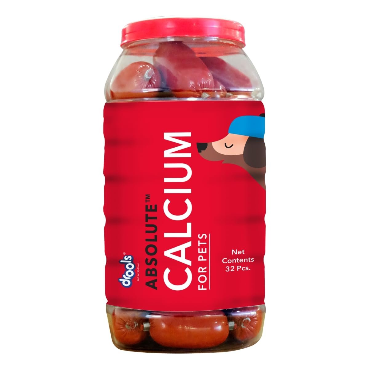 Drools Absolute Dog Supplement Sausages 32 Pieces Jar | Calcium Flavour | Healthy Skeletal System | Maintain Strong Teeth