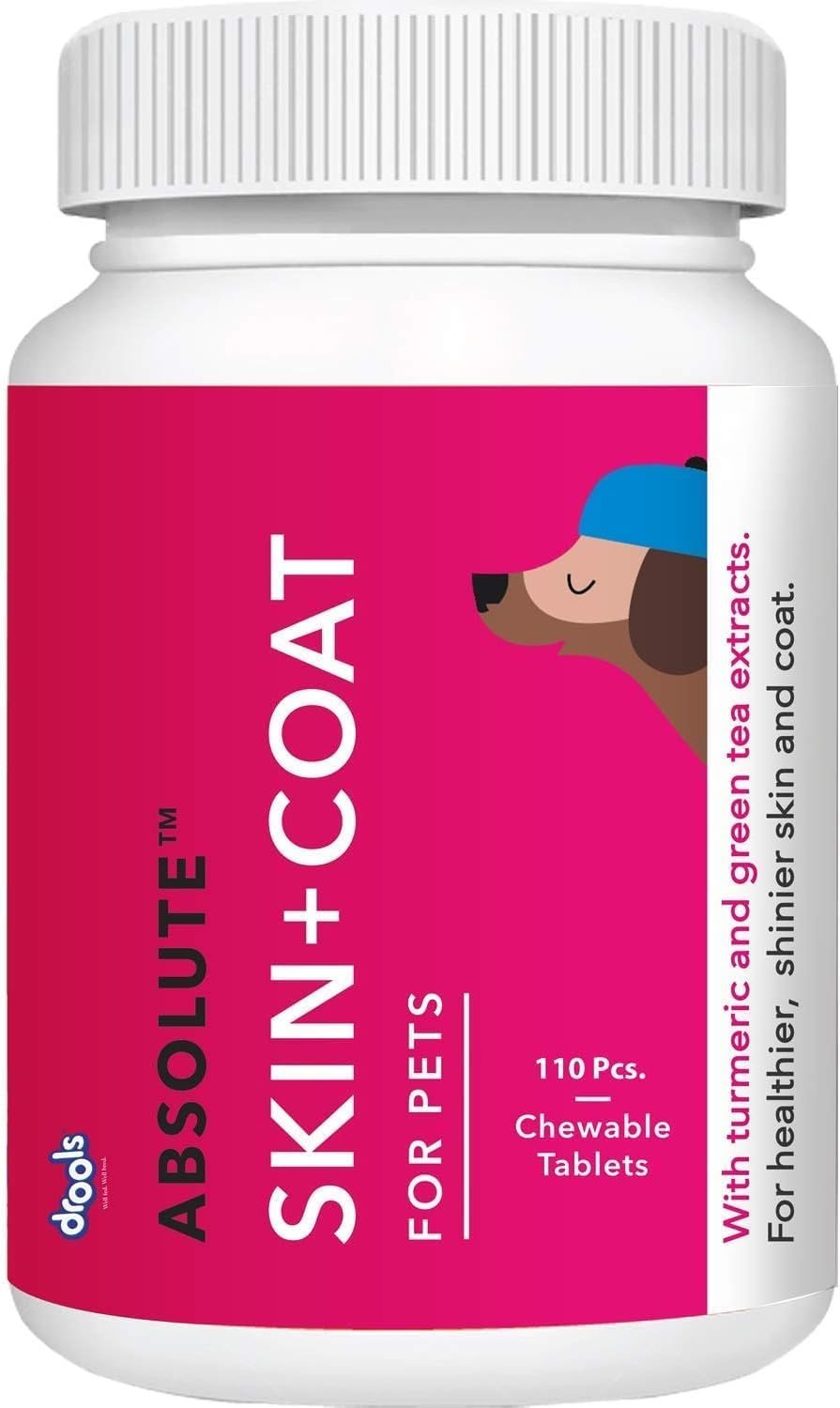 Drools Absolute Dog Supplement Tablet, Skin + Coat 400g 110 Pieces Jar | Turmeric Flavour | Supports Skin & Food Sensitivity