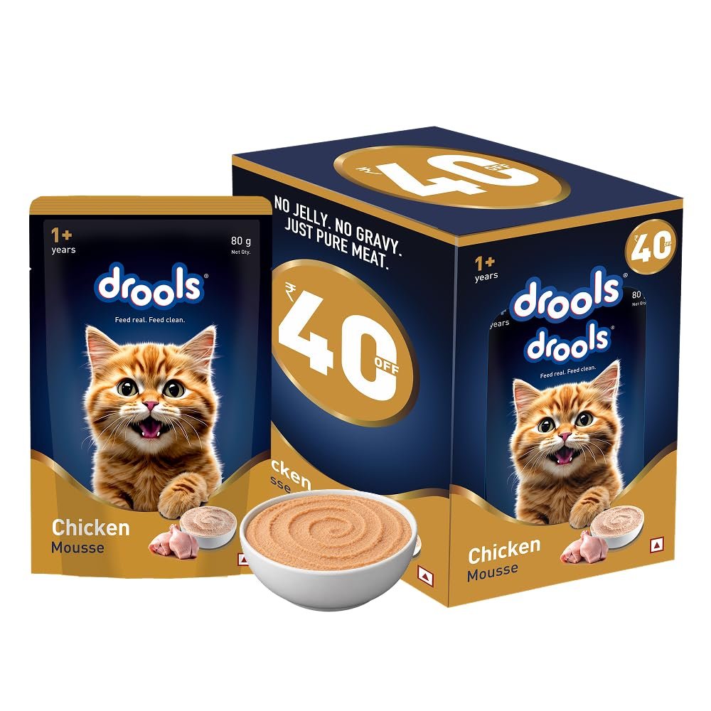Drools Adult Cat Wet Mousse 80g Pack of 5, 400g | Chicken Flavour | Rich in Protein | Promotes Hydration & Easy to Digest| No