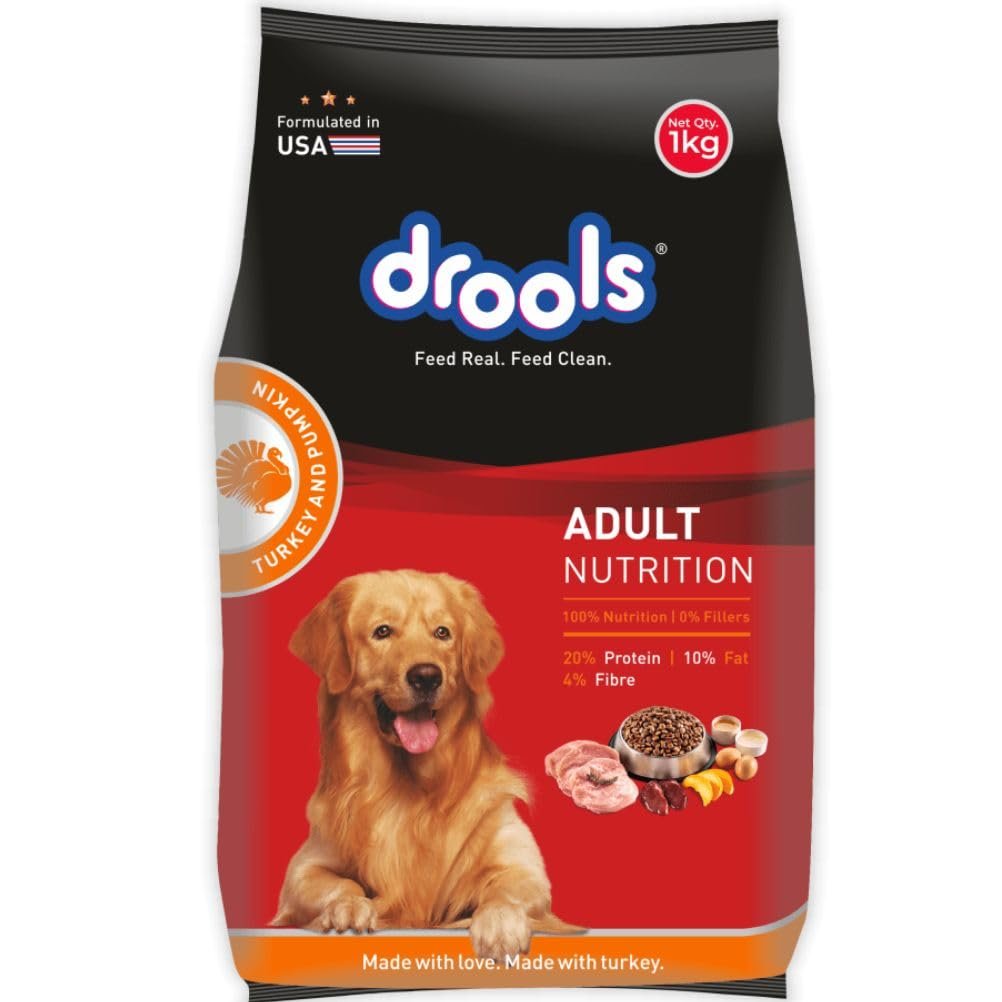 Drools Adult Dry Dog Food 1kg | Turkey and Pumpkin Flavour | Supports Skin Nourishment and Coat Radiance | Promotes Healthy D