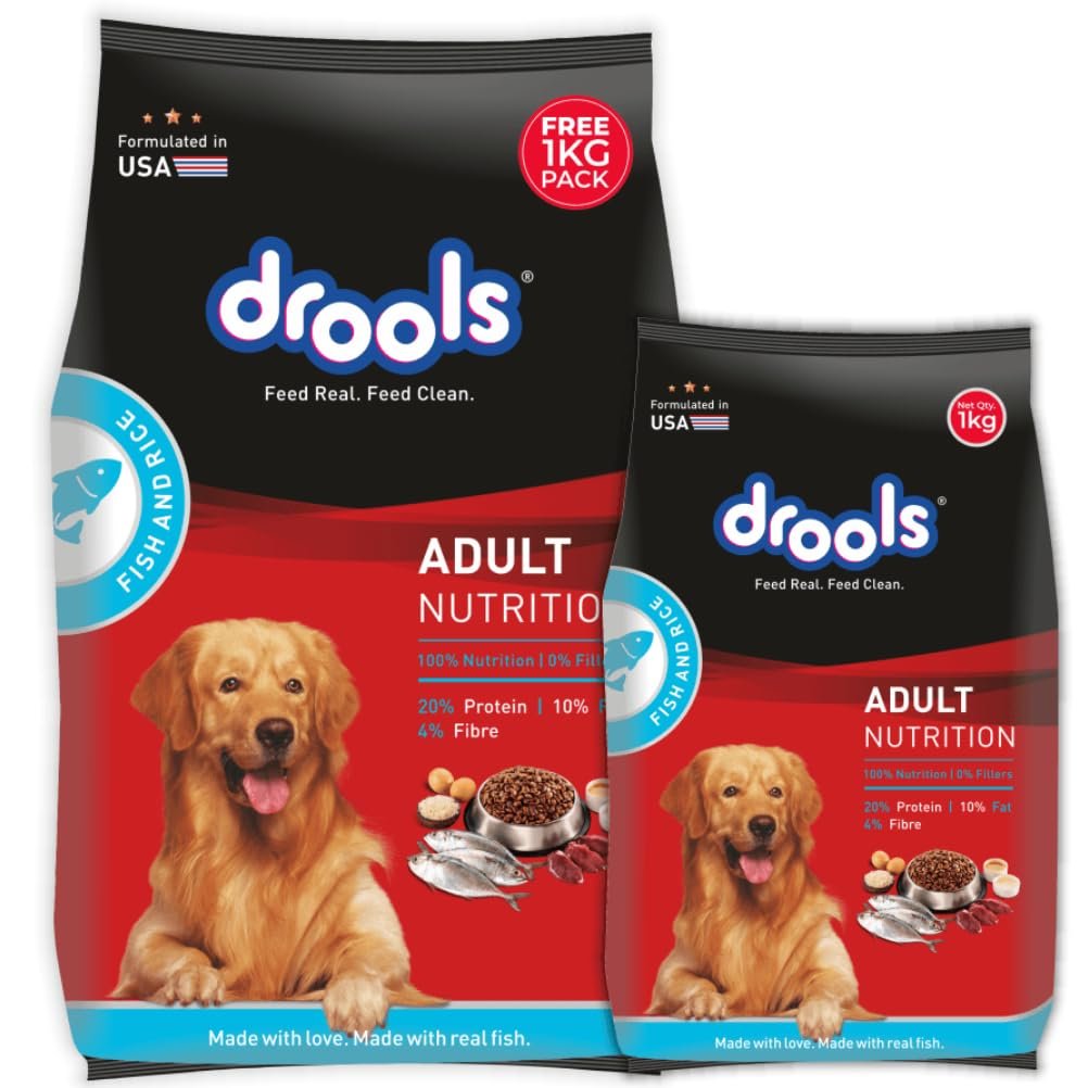 Drools Adult Dry Dog Food 2.8kg + 1kg (Free) | Fish and Rice Flavour | Fish & Rice Formula | Gentle on Gut | Helps Maintain S