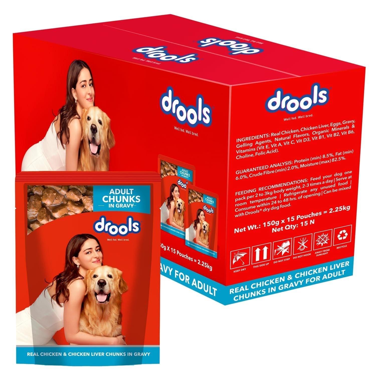 Drools Adult Wet Dog Food 2.25kg (150g x 15) Pack of 15 | Real Chicken and Chicken Liver Chunks in Gravy | Better Digestibili