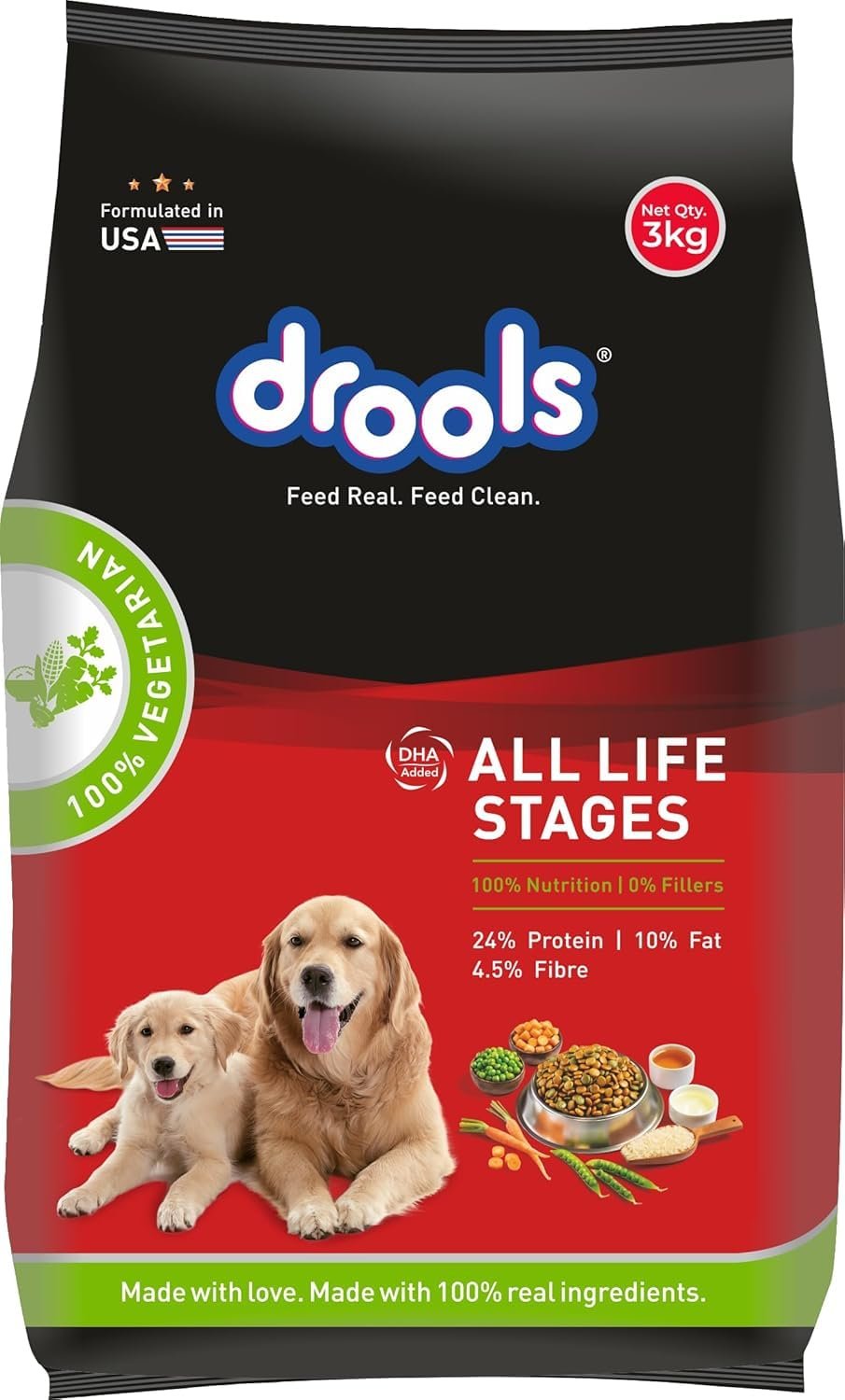 Drools Dry Dog Food All Life Stages 3kg | 100% Vegetarian Flavour | Supports Digestive Health | Strong Bones & Teeth | Boosts