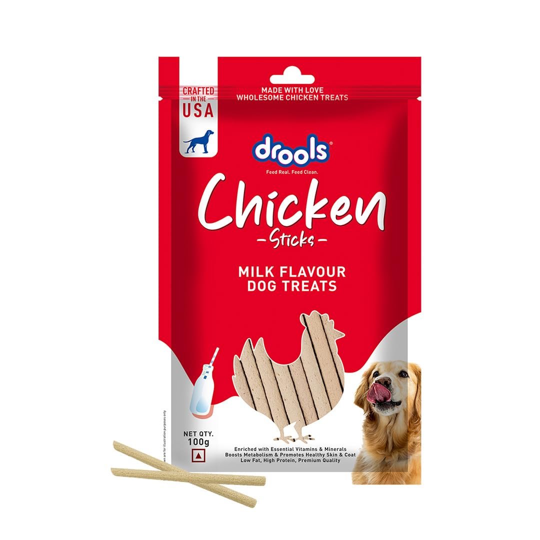 Drools Puppy & Adult Dog Treats Sticks 100g | Chicken & Milk Flavour | Rich in Protein | No Artificial Preservatives | Best f