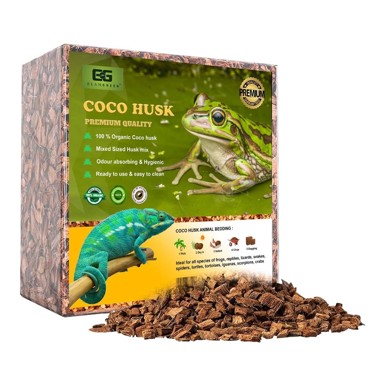 Elamgreen Natural Coconut Husk for Reptiles | Bedding Coir Chips Terrarium Substrate for Ball Python Frog Snakes Turtles, Gec