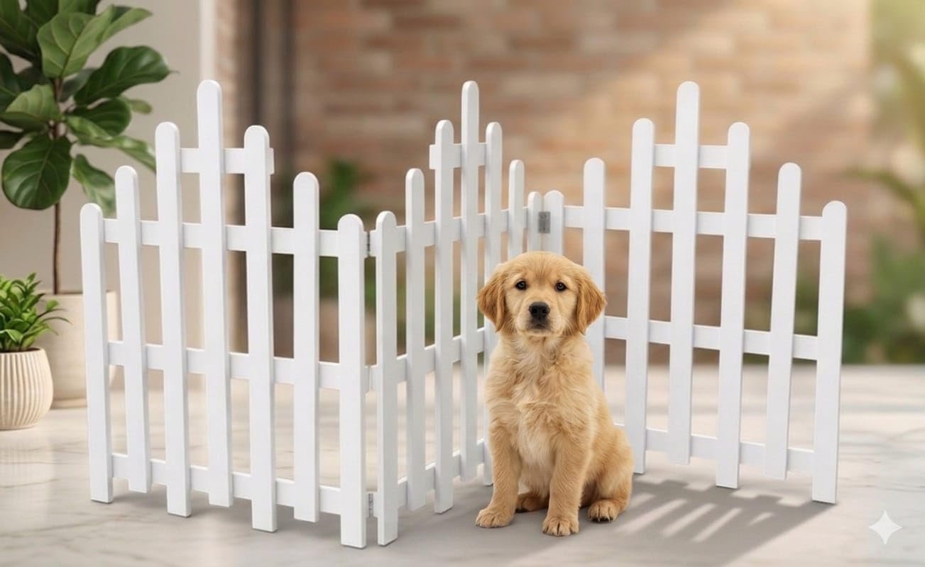 Expandable Wooden Dog Gate for Stairs & Doorways | Freestanding Foldable Pet Fence Barrier for Small & Medium Dogs | Indoor S