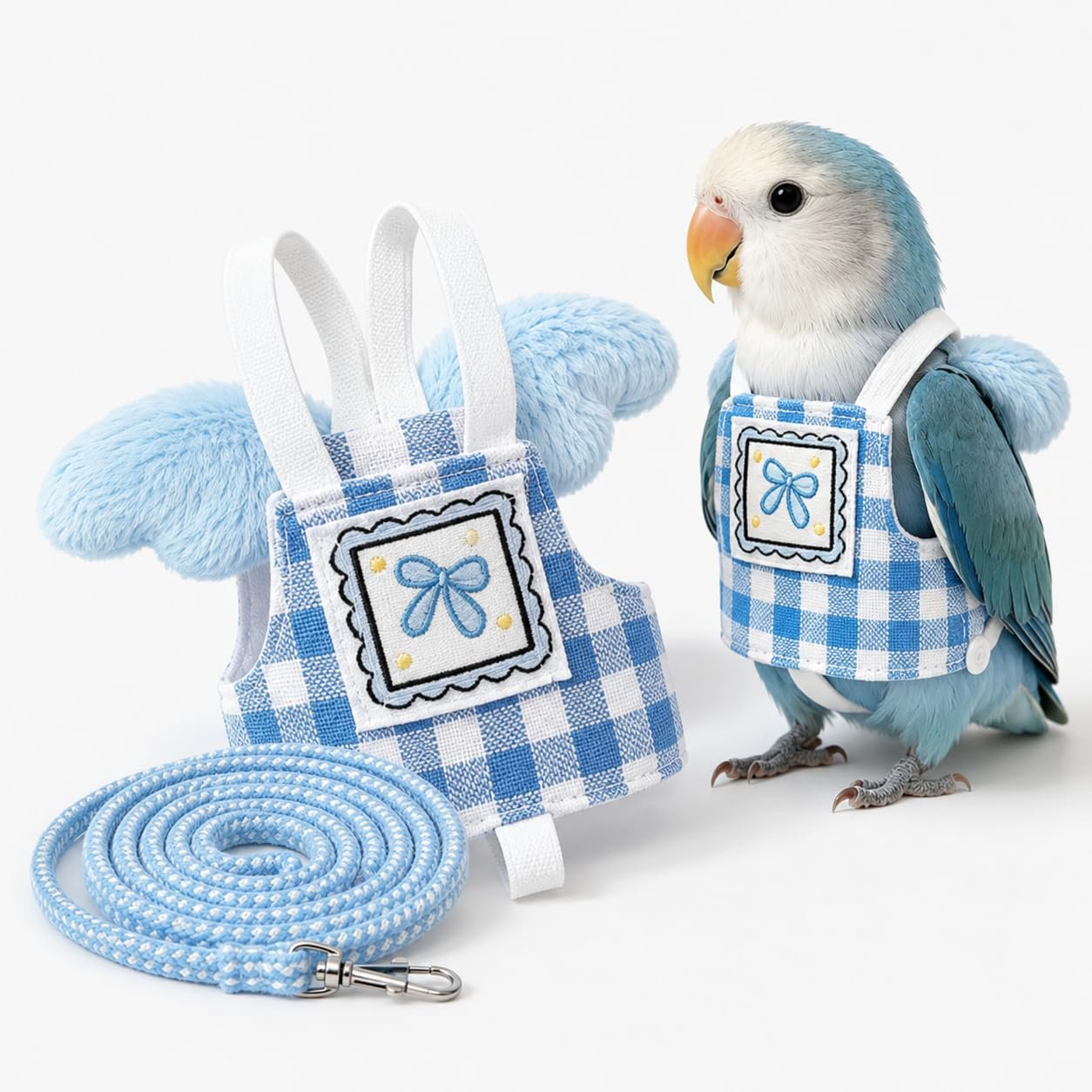 FEXLARO Parrot Harness and 2 m Leash Set, M Size Blue Check Bird Vest with Angel Wings for Lovebirds, Cockatiels and Small Co