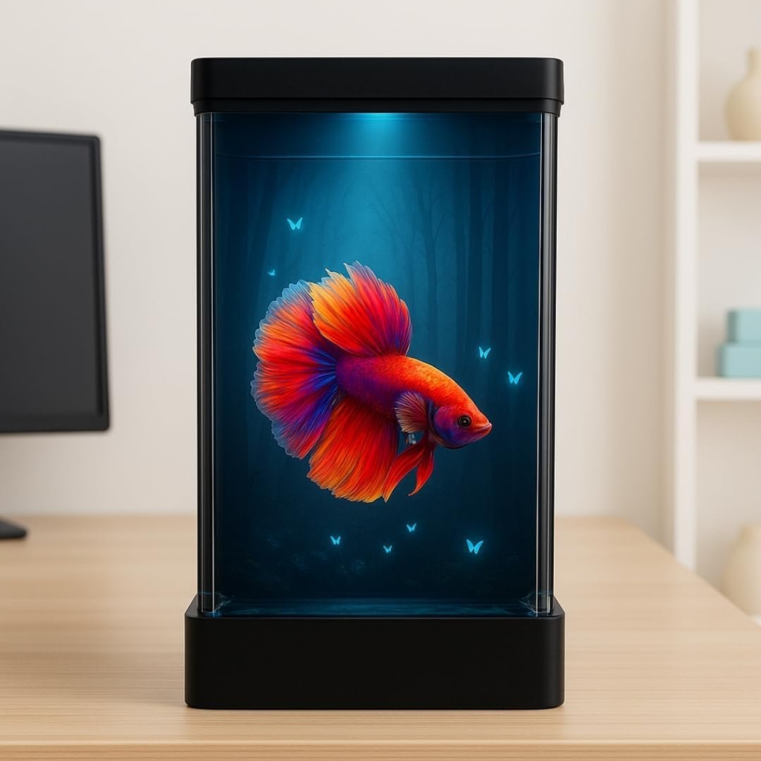 FinyPetz PS-11 Acrylic Mini Aquarium Fish Tank (Black) | Compact Betta & Guppy Tank with Multi-Color LED Light | Portable Eas
