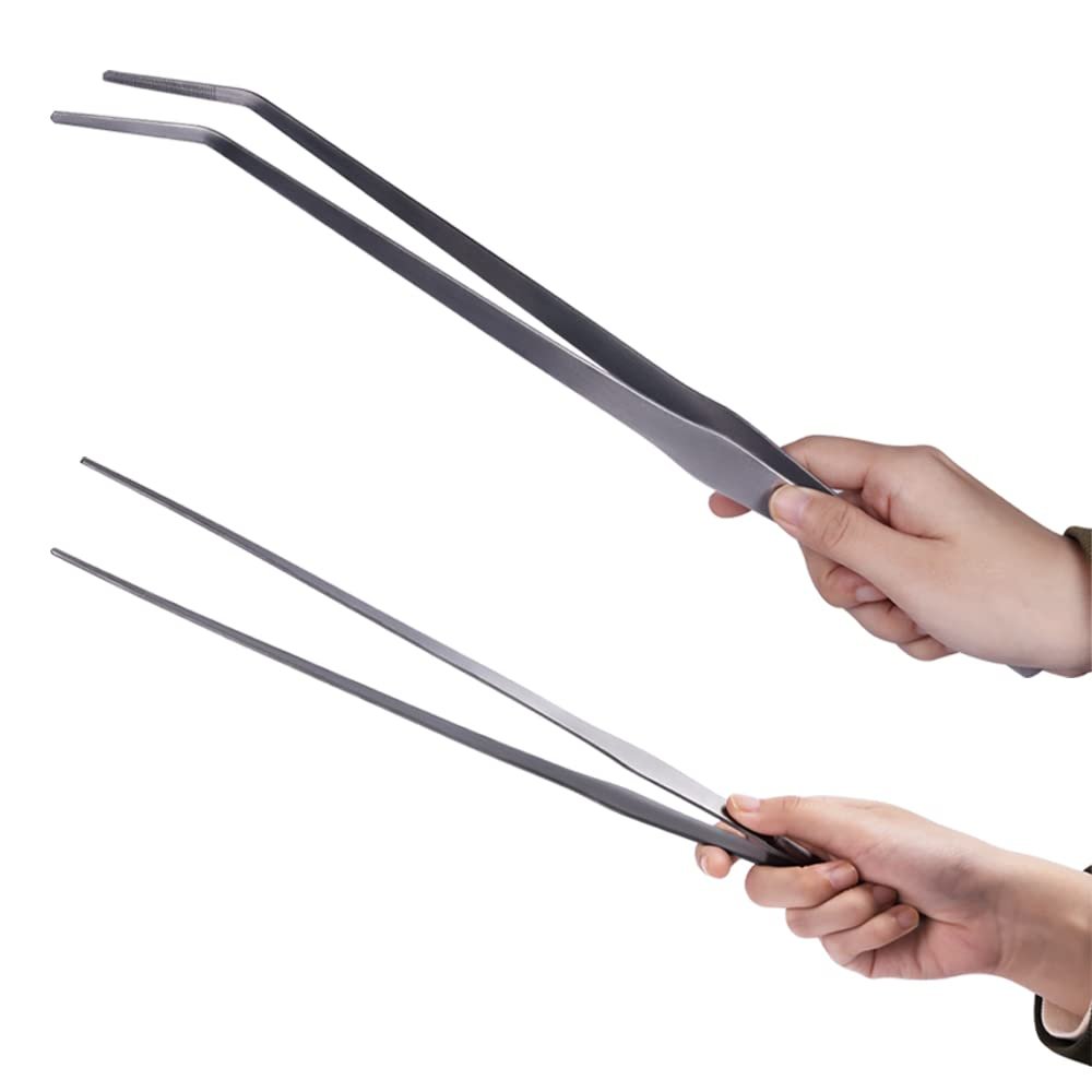 Firesteed Long Handle Aquarium Tweezers Serving Tongs,2 Pack Stainless Steel Straight and Curved Tweezers Set for Fish Tank P