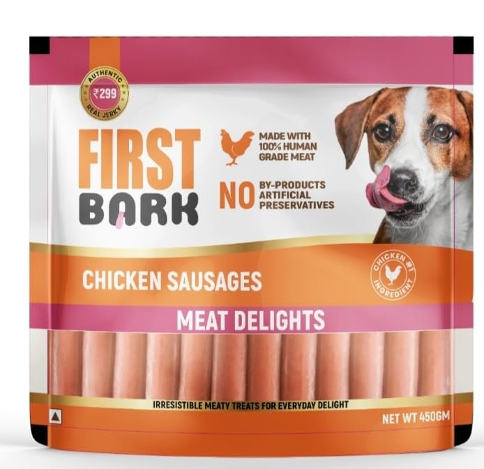 First Bark Chicken Sausages for Dogs 450g (Pack of 1), High Protein Made with 100% Human Grade Chicken Meat Dog Treats, Soft